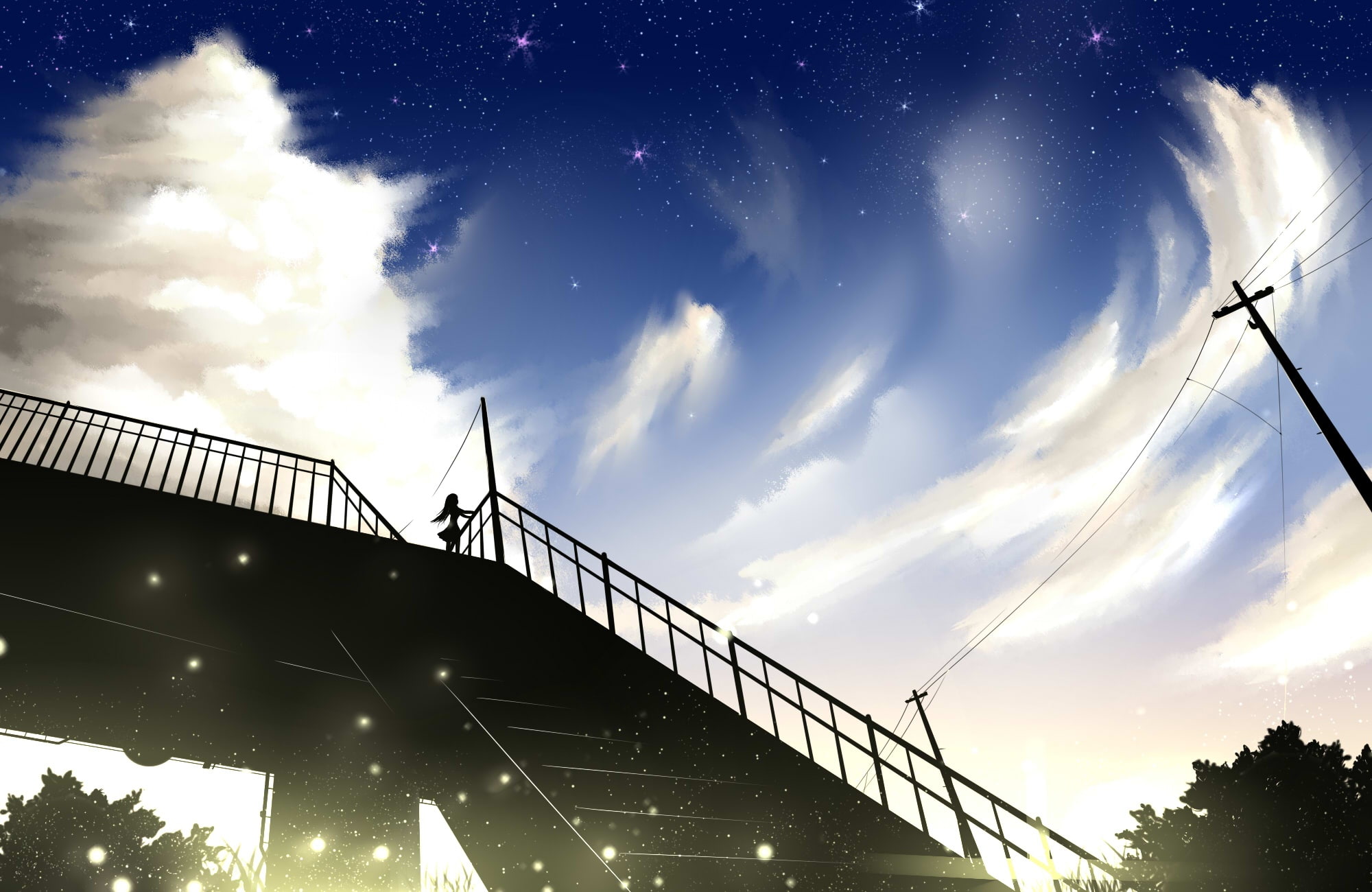 konachan, com, 1080P, clouds, stairs, silhouette, original, aliasing, louders, sky, stars, hair, long, 245430, HD Wallpaper