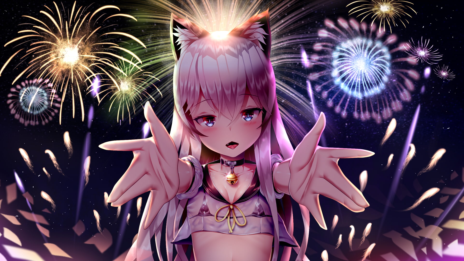 night, 1080P, ribbons, animal, blush, bikini, original, sky, breasts, catgirl, fang, ears, pink, hair, konachan, eyes, com, top, collar, long, bell, fireworks, HD Wallpaper