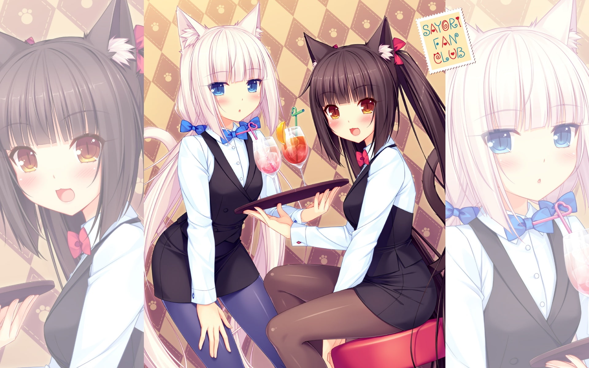 tail, konachan, skirt, sayori, nekopara, bow, blue, 2girls, catgirl, hair, com, pantyhose, blush, zoom, 1080P, twintails, layer, waitress, 237714, cat, HD Wallpaper