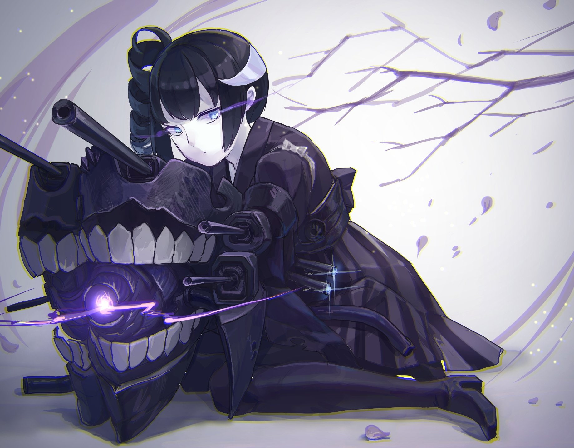 japanese, eyes, pantyhose, black, kantai, oni, ymmls, anthropomorphism, hair, ancient, aliasing, collection, petals, clothes, long, blue, destroyer, 720P, HD Wallpaper