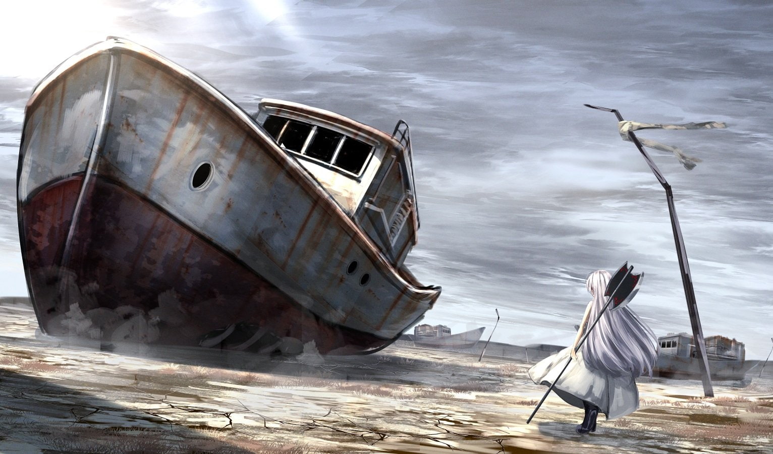 boat, dress, ryosios, long, ruins, weapon, aliasing, building, original, hair, 720P, white, HD Wallpaper