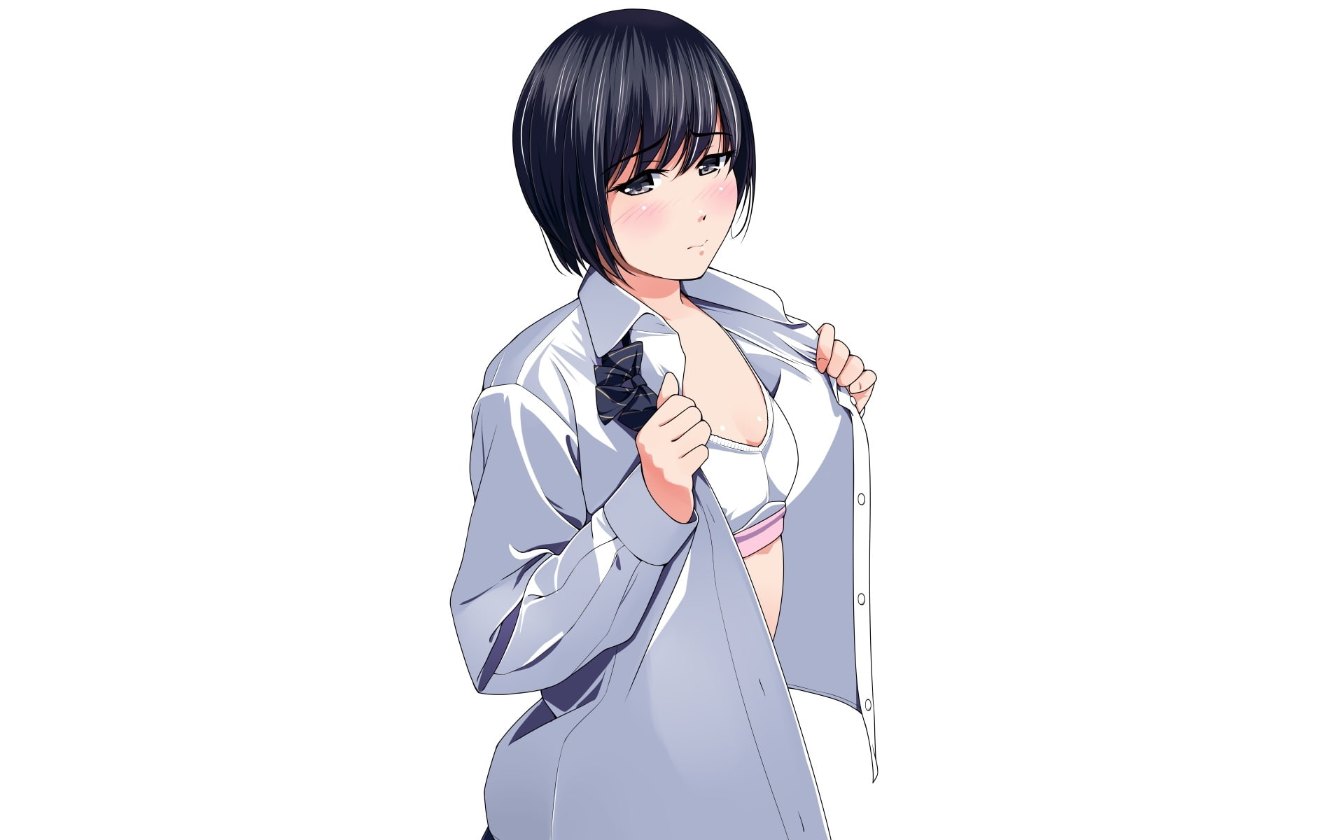 white, 237385, kouyou, eyes, hair, com, gray, aliasing, bow, matsunaga, blush, original, open, shirt, black, konachan, short, 1080P, HD Wallpaper