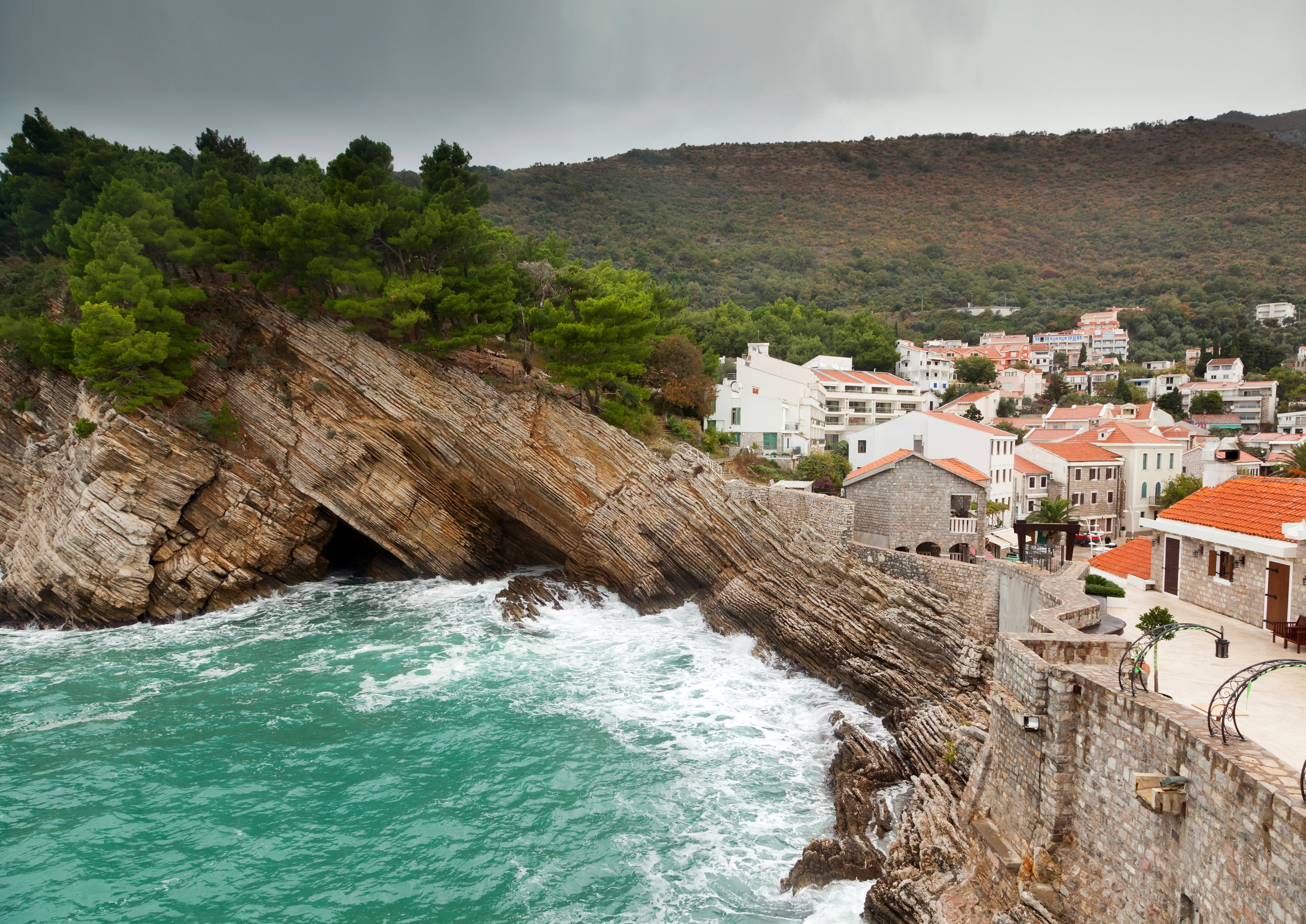no people, water, day, shore, Petrovac, residential district, land, built structure, motion, home, Petrovac na Moru, Montenegro, high angle view, building exterior, HD Wallpaper