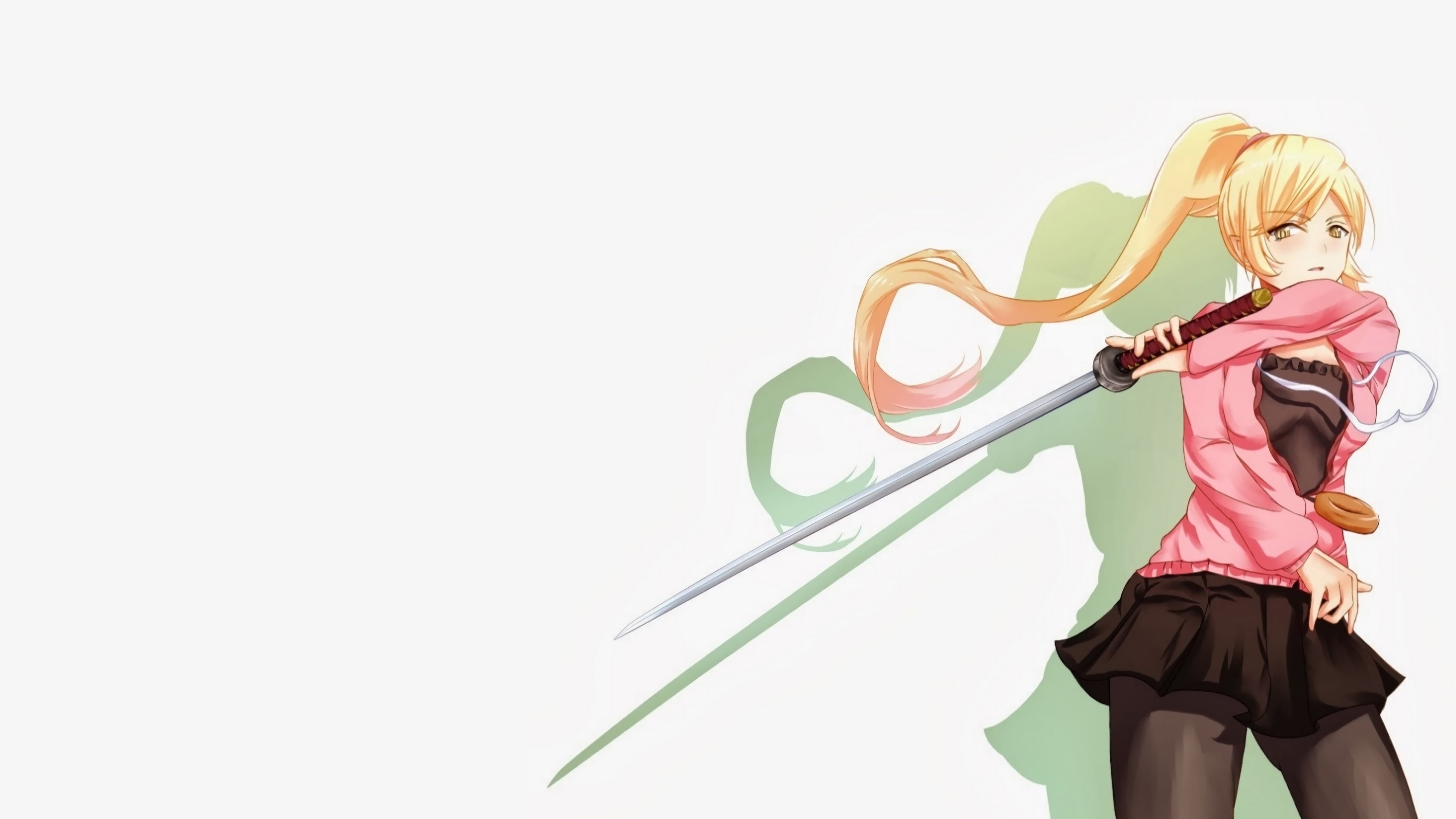 white background, long hair, low angle view, nature, 4K, Oshino Shinobu, holding, musical instrument, music, three quarter length, Monogatari Series, anime, HD Wallpaper