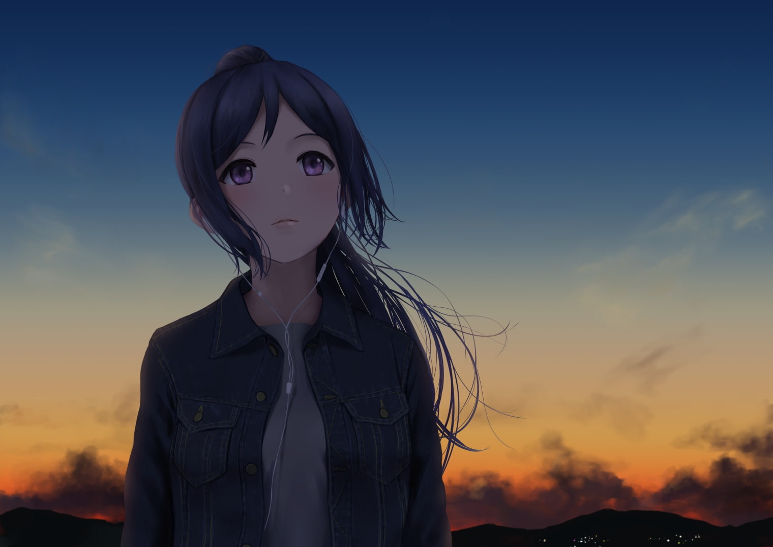 purple, matsuura, papi, konachan, hair, 720P, headphones, clouds, dark, long, sunshine!!, sky, sunset, 238728, live!, (papiron100), eyes, love, kanan, HD Wallpaper