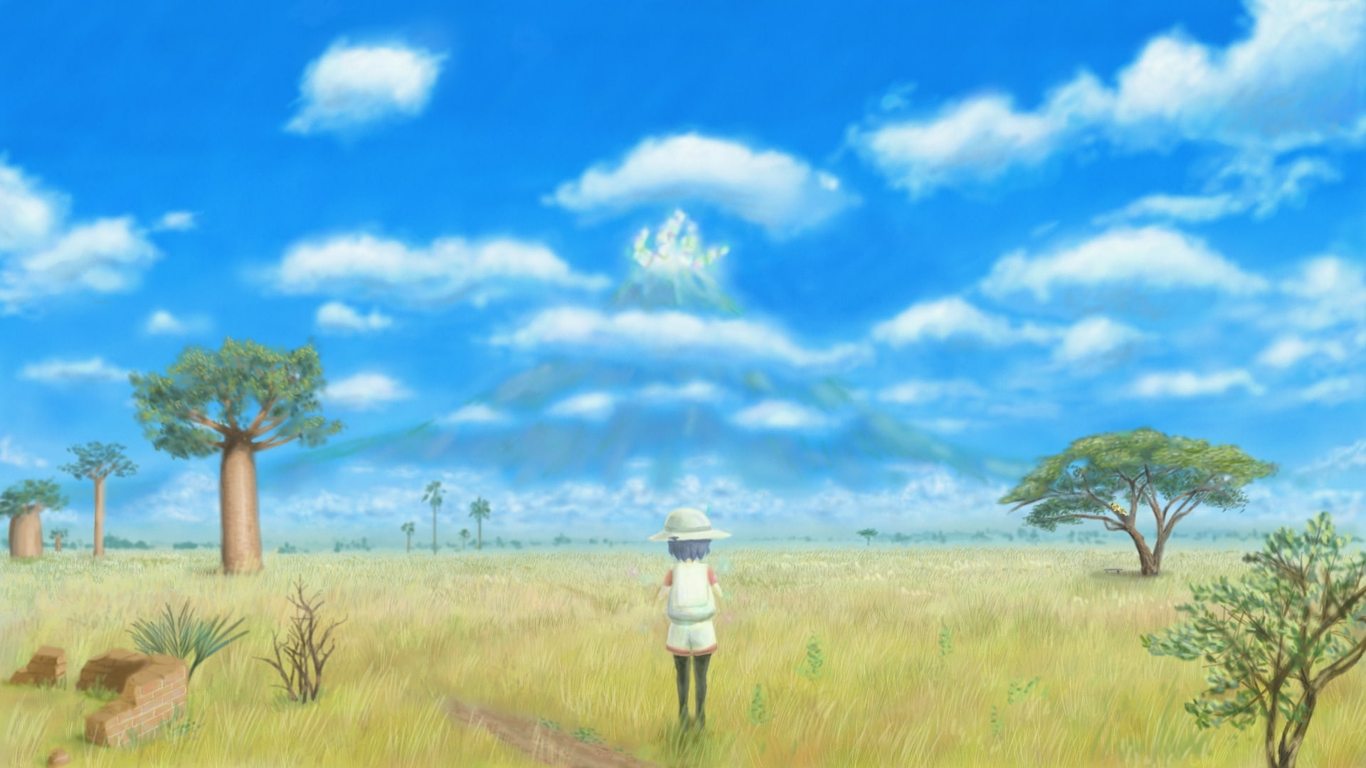 tranquil scene, three quarter length, landscape, rear view, day, environment, tree, scenics - nature, land, sky, clouds, grass, 1080P, one person, Anime, HD Wallpaper
