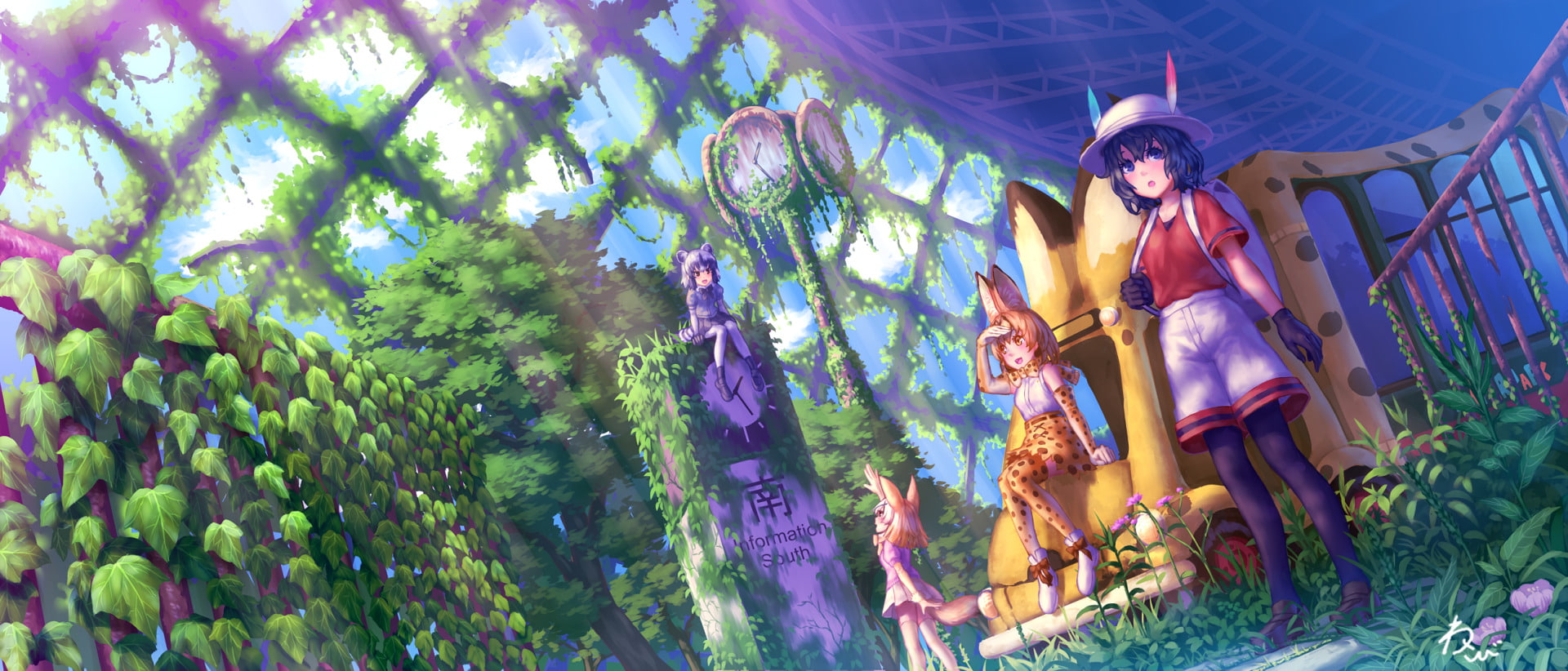 adult, outdoors, men, Kaban (Kemono Friends), sculpture, human representation, Serval (Kemono Friends), Anime, low angle view, male likeness, mid adult, HD Wallpaper