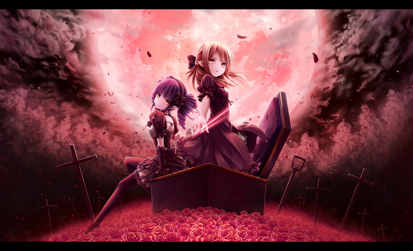 akkijin, 720P, moon, petals, girls, gothic, rose, goth loli, flowers, dark, tagme, cross, original, HD Wallpaper