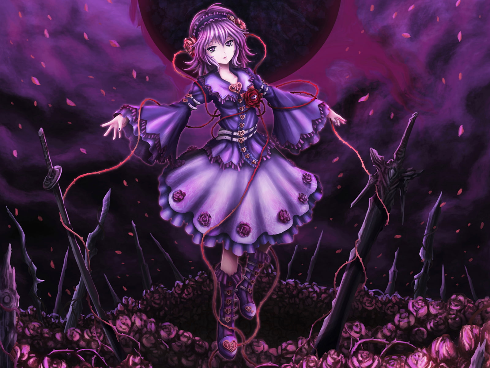 skyspace, katana, goth loli, purple, komeiji, petals, flowers, 720P, touhou, satori, weapon, dress, sword, HD Wallpaper