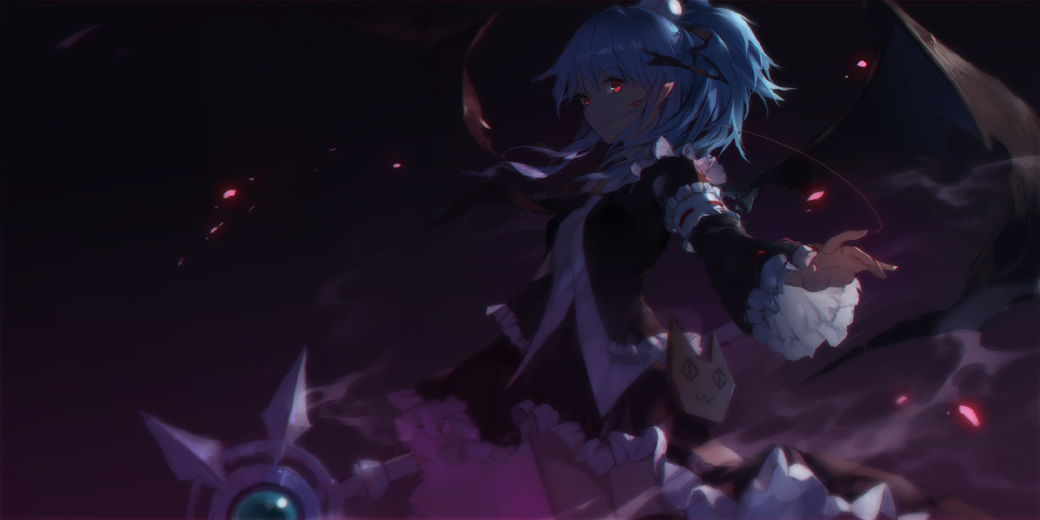 goth-loli, eyes, 257889, 1080P, long, zwei!!, aqua, konachan, ears, moonbria, red, lolita, pointed, alwen, fashion, staff, hair, vampire, falcom, dark, HD Wallpaper