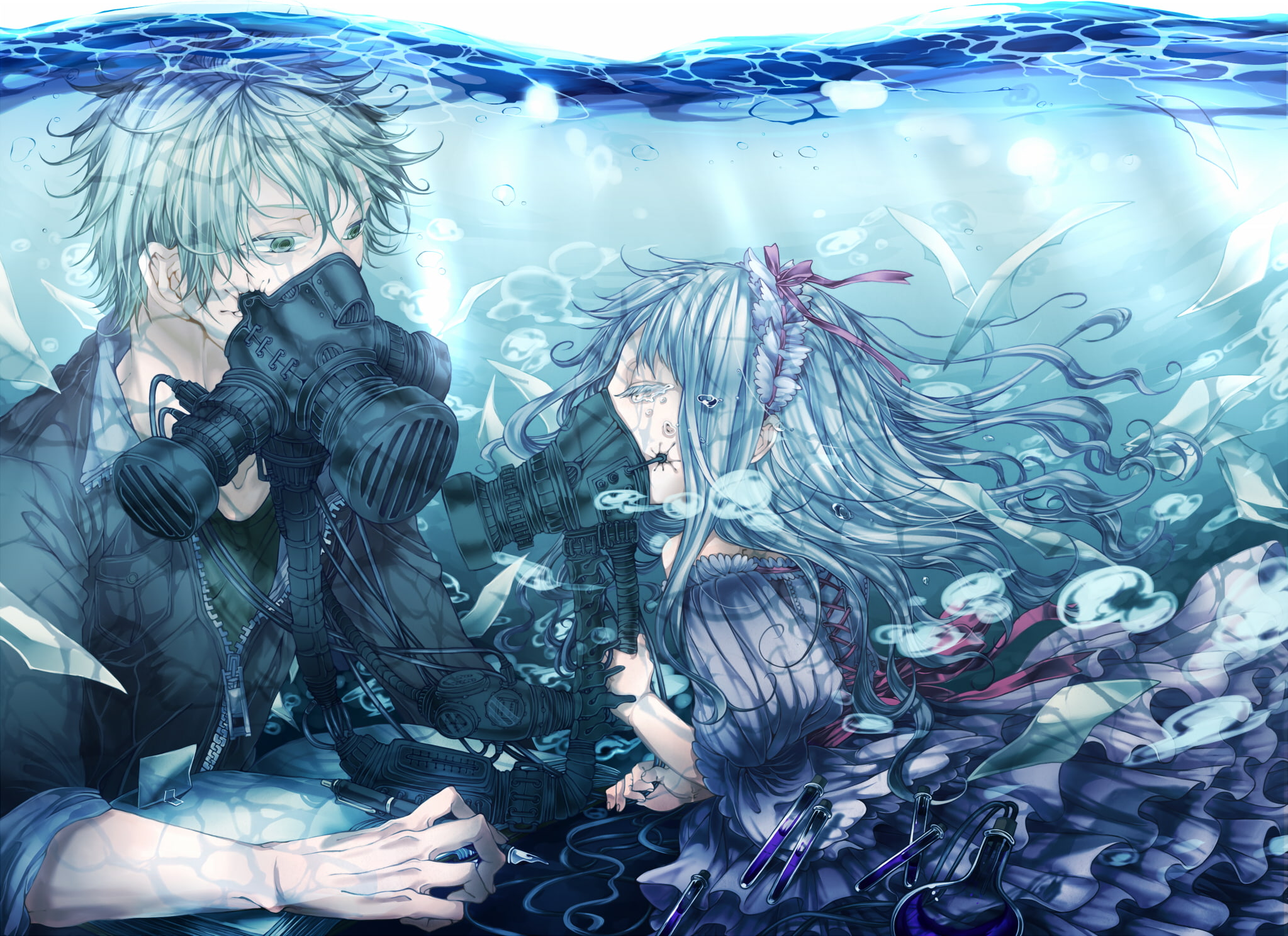 underwater, apocalyptic, mask, bubbles, post, original, 1080P, gas, mood, gothic, pixiv, goth, emo, loli, lolita, bokeh, HD Wallpaper