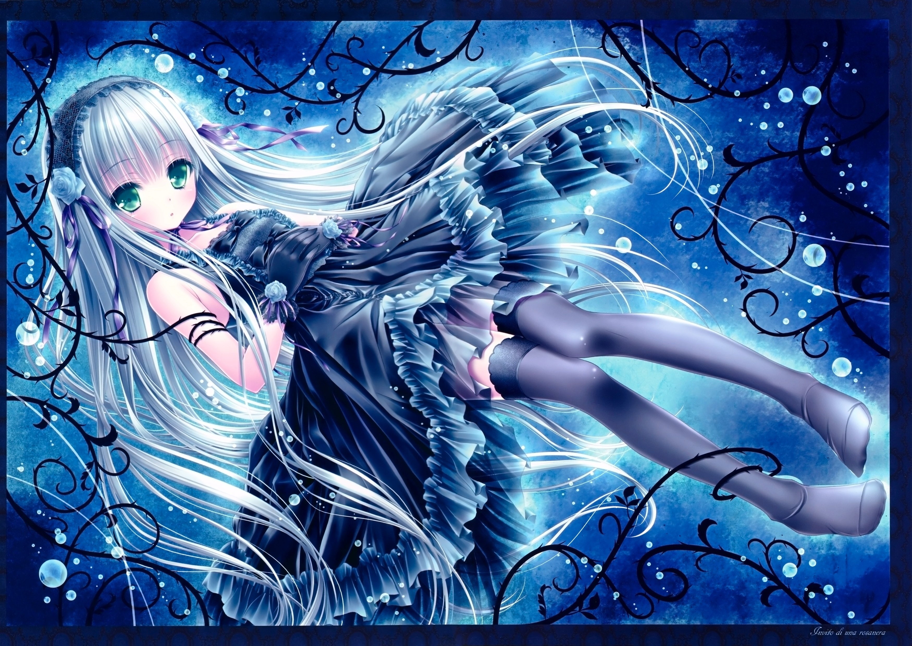 blue, bubbles, 2K, gloves, eyes, hair, dress, goth loli, long, headdress, gothic, green, HD Wallpaper