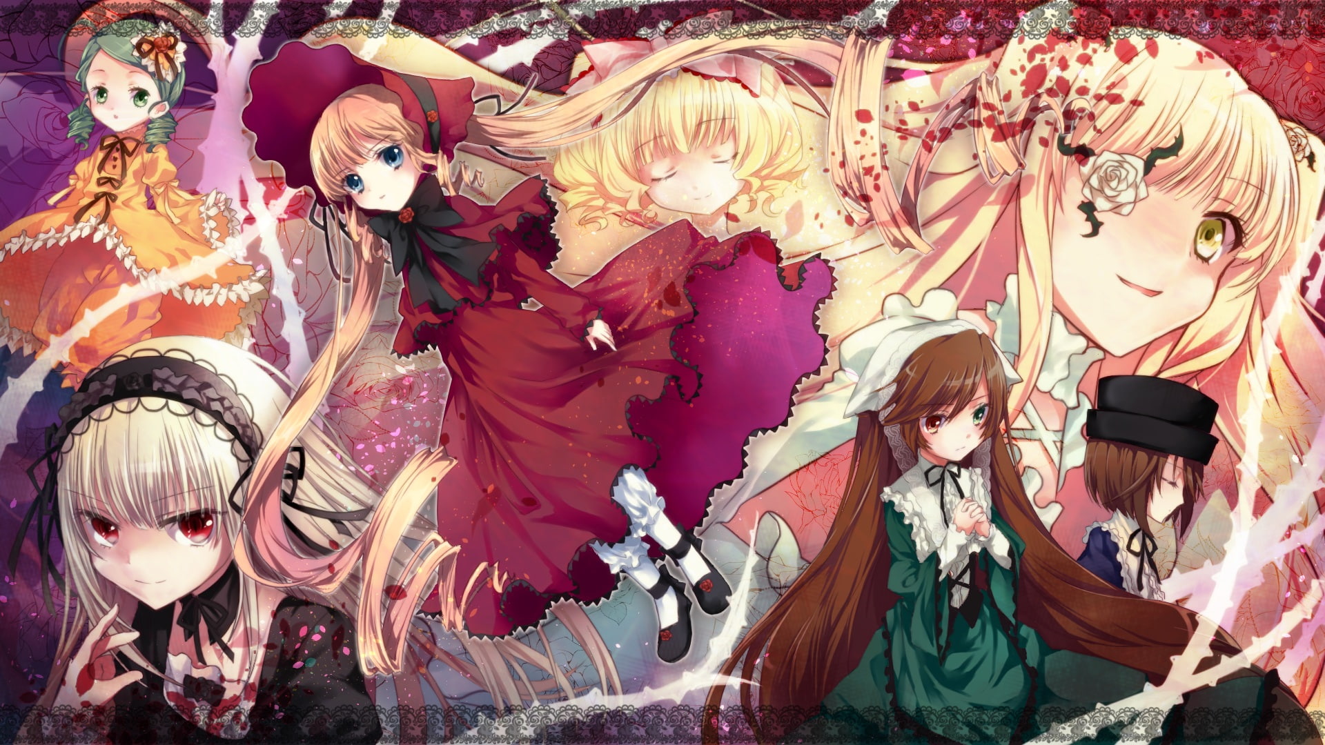 souseiseki, brown, headdress, goth loli, hat, dress, socks, kanaria, hair, 1080P, maiden, suigintou, rozen, eyes, shinku, red, long, group, bow, kirakishou, HD Wallpaper