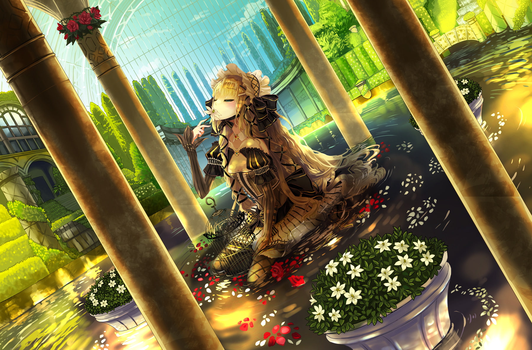blonde, cage, lolita, hair, water, fashion, kagamine, goth loli, 720P, vocaloid, flowers, petals, kanipanda, rin, HD Wallpaper