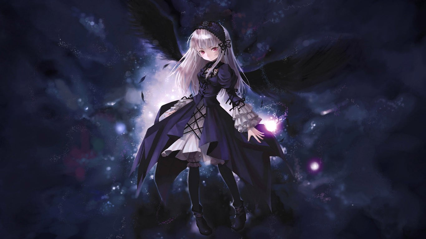 one person, dark, evil, sign, long hair, adult, blonde, celebration, Suigintou, front view, white hair, Suigetsu, red eyes, holding, fear, anime, dressing up, HD Wallpaper