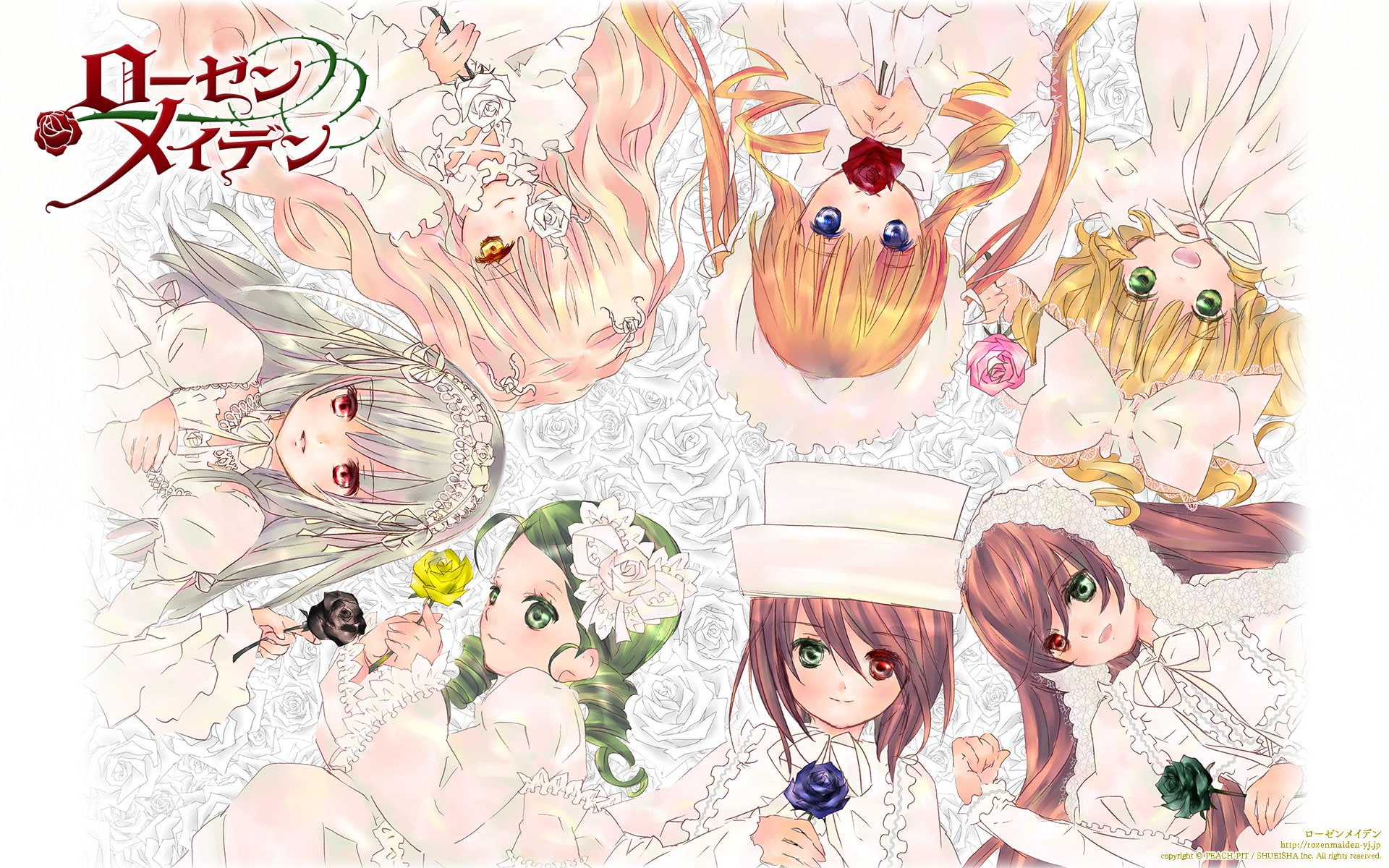 hina, shinku, rozen, 1080P, fashion, flowers, ichigo, maiden, lolita, souseiseki, peach pit, suiseiseki, kanaria, suigintou, dress, rose, kirakishou, HD Wallpaper