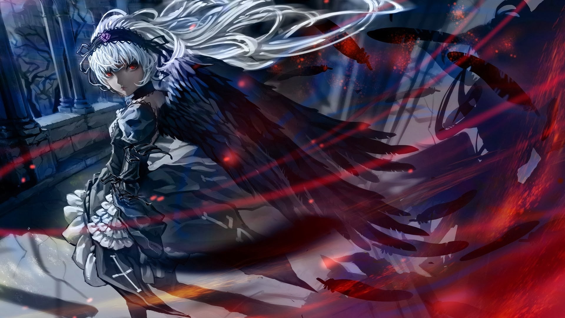 white hair, red eyes, anime girls, fantasy art, artwork, Rozen Maiden, 1080P, anime, wings, Suigintou, HD Wallpaper