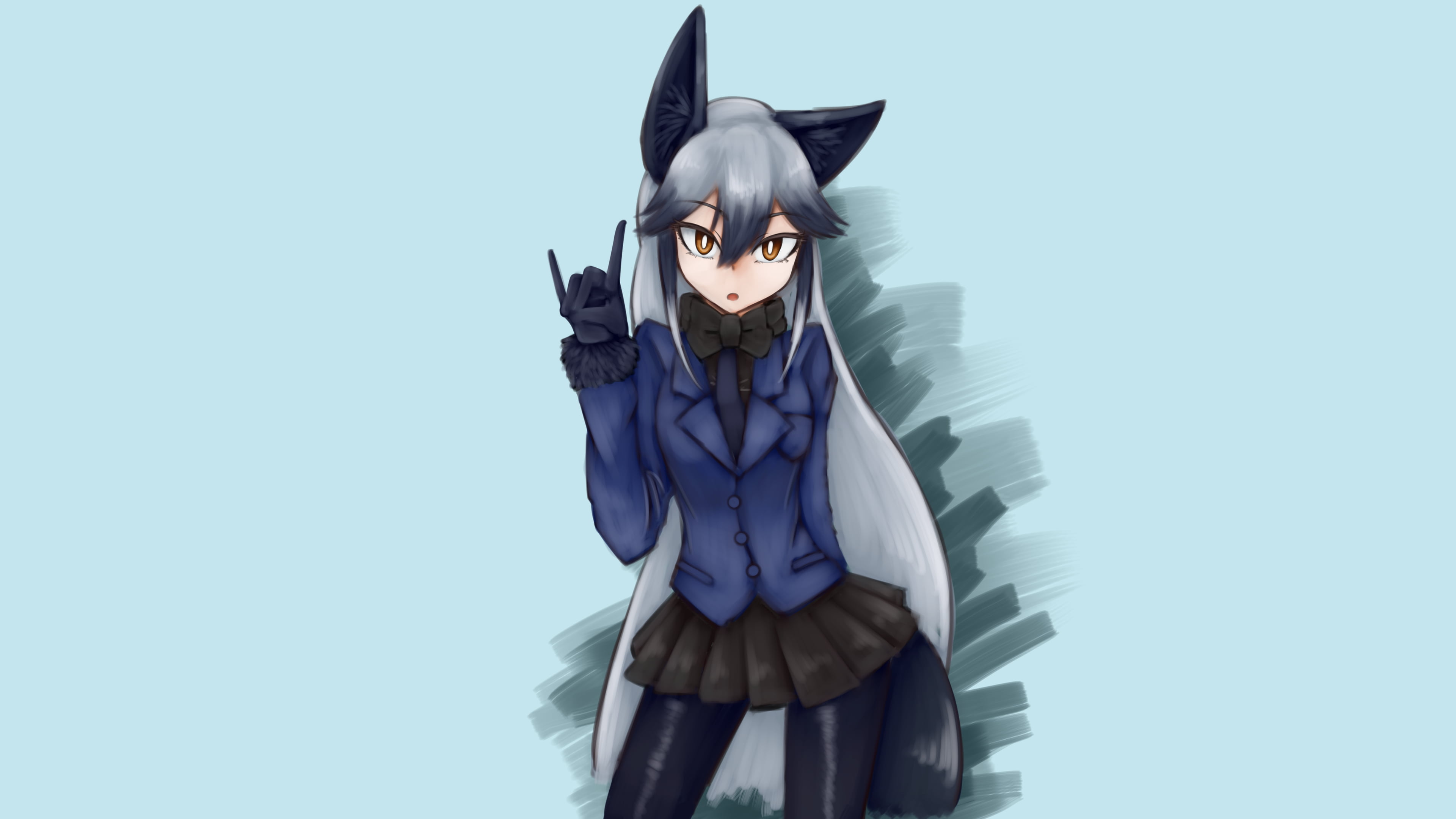 anime, anime girls, animal ears, blue background, Kemono Friends, skirt, 4K, kitsunemimi, silver hair, simple background, Silver fox (Kemono friends), HD Wallpaper