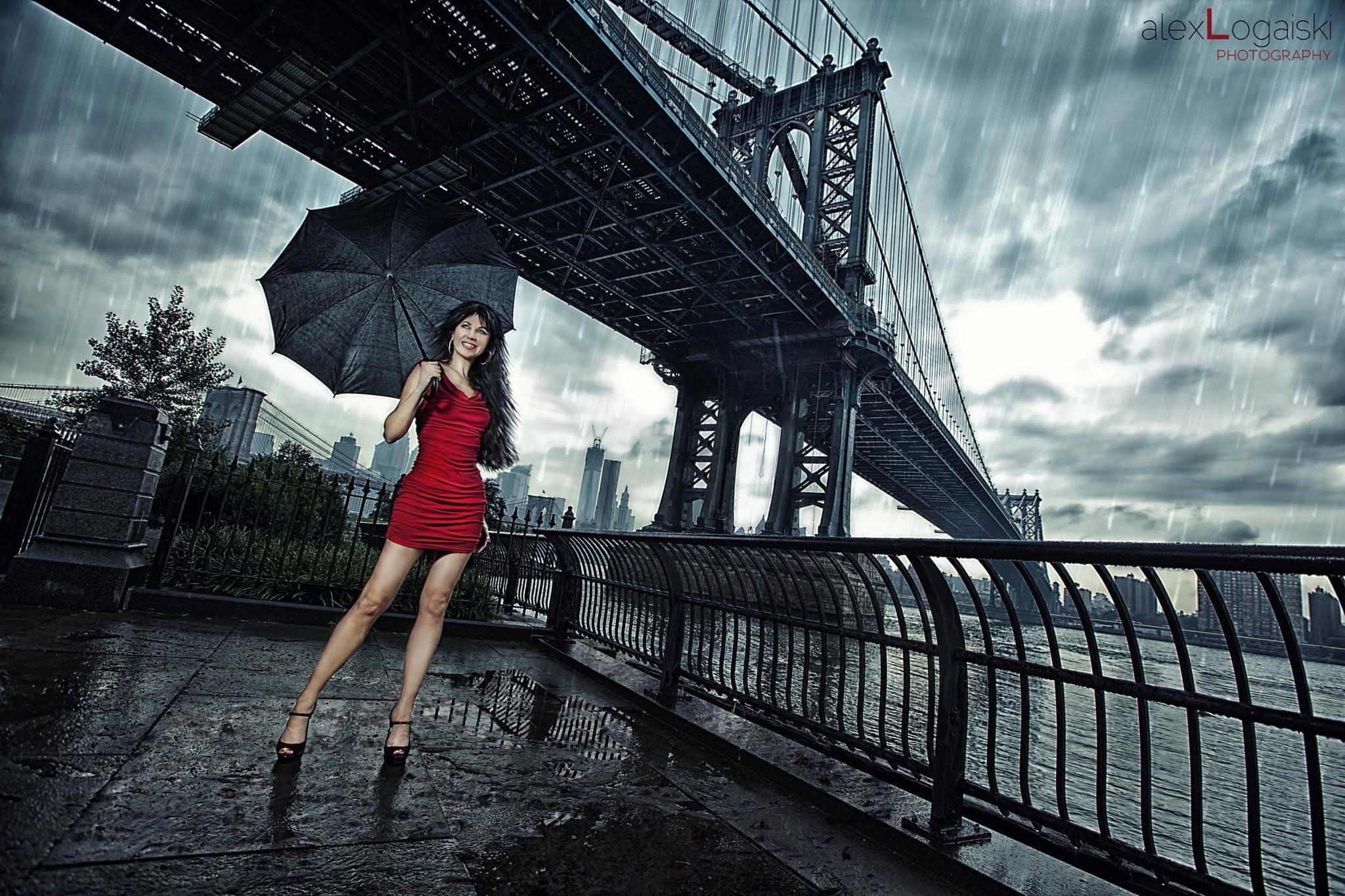 nature, young women, city, women outdoors, umbrella, connection, model, red dress, architecture, 1080P, bridge, leisure activity, high heels, adult, lifestyles, HD Wallpaper