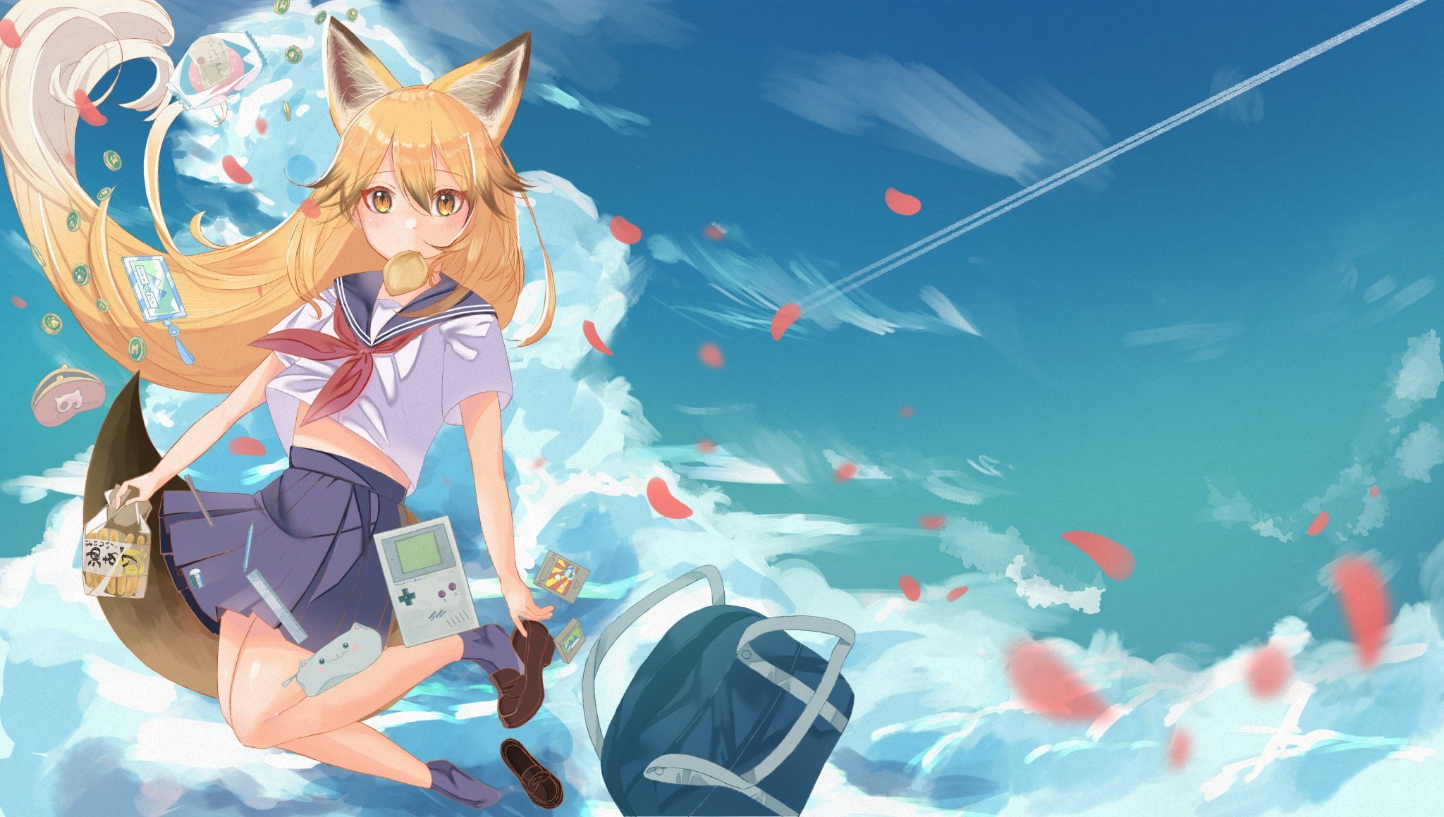 Red fox (Kemono friends), video games, sky, school uniform, anime, floating, anime girls, animal ears, 1080P, Kemono Friends, HD Wallpaper