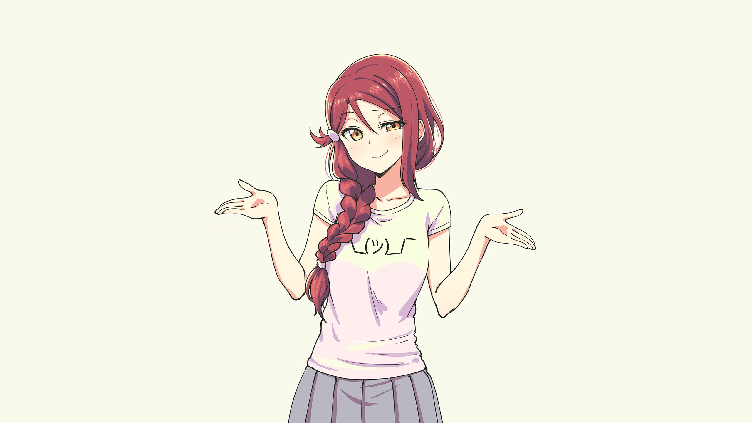 paxiti, Sakurauchi Riko, long hair, anime, Love Live Series, smirk, anime girls, blushing, T-shirt, yellow eyes, digital art, Love Live! Sunshine, simple background, HD Wallpaper