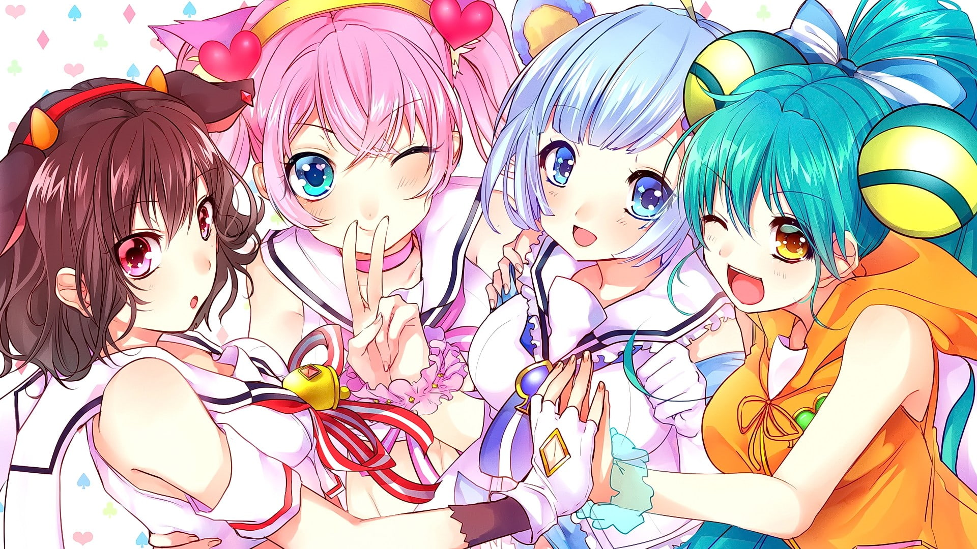 female likeness, multi colored, no people, anime girls, blue eyes, red eyes, variation, Tsukino (Show By Rock), open mouth, wink, human representation, HD Wallpaper