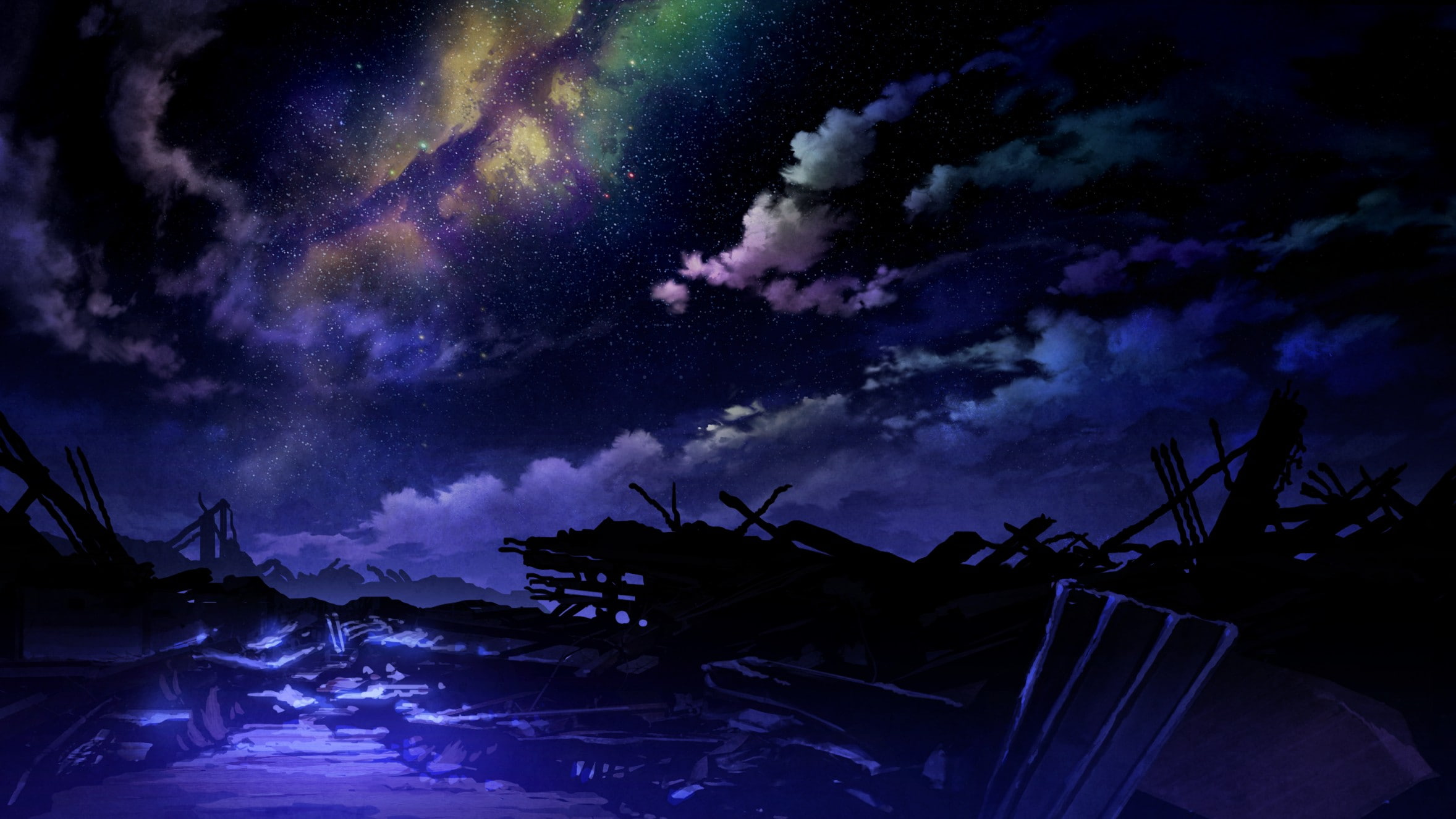 Technoheart, stars, apocalyptic, sky, anime, fantasy art, ruin, 1080P, space, HD Wallpaper