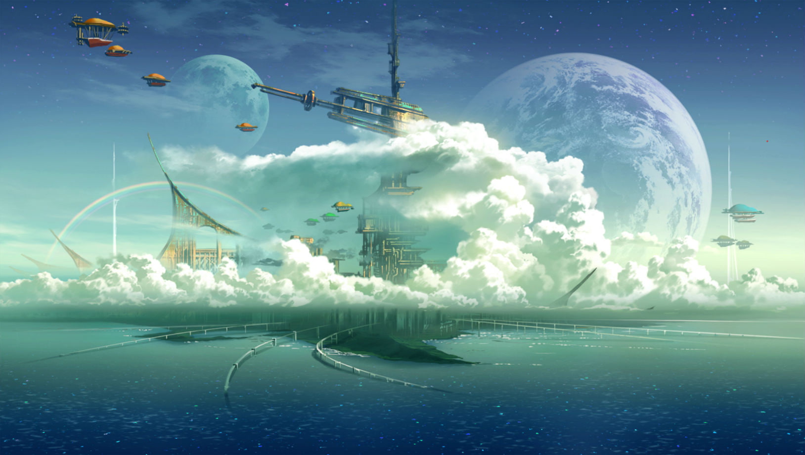 water, 720P, planet, original, city, moon, stars, clouds, technoheart, aircraft, HD Wallpaper