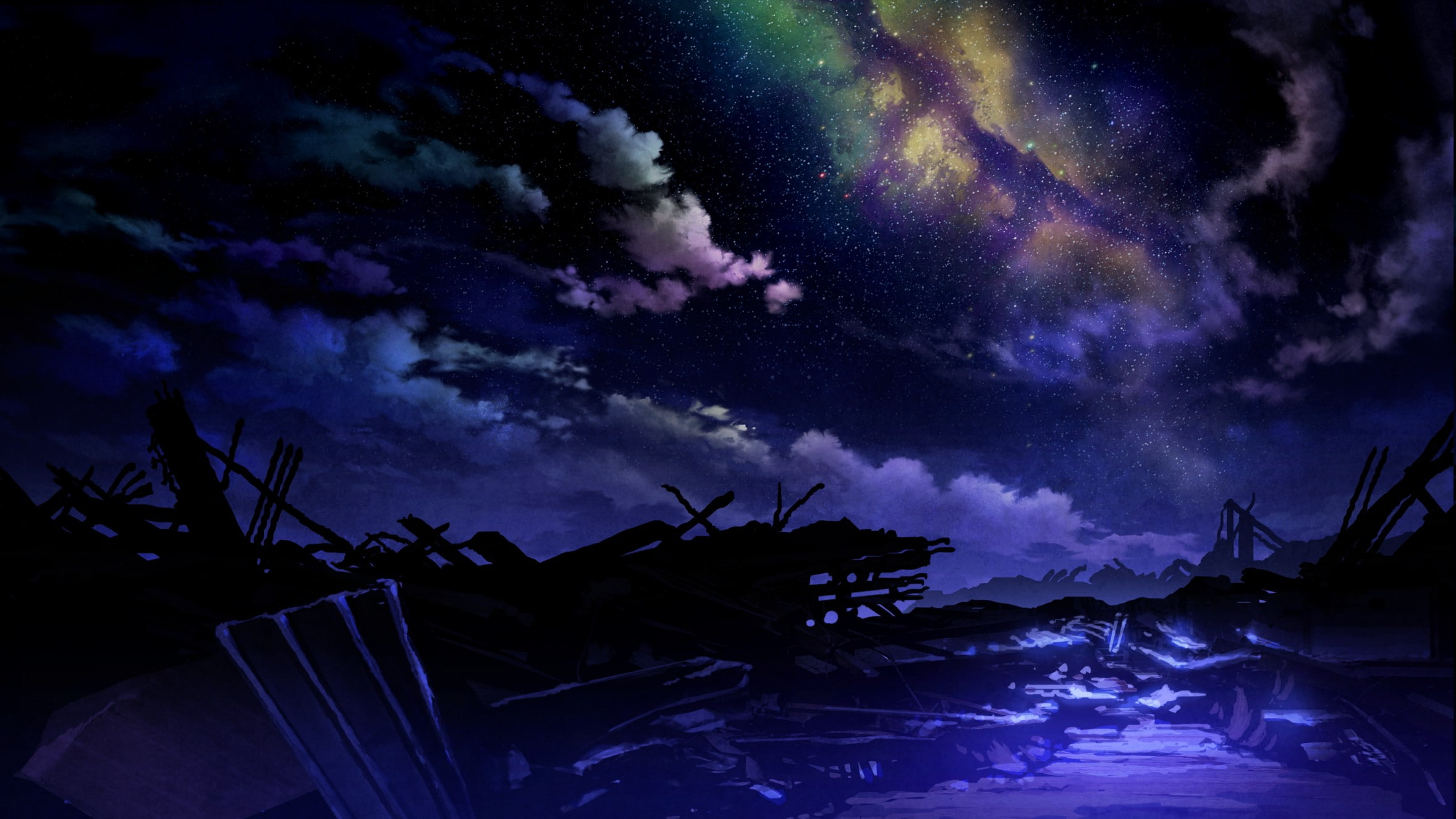 sky, silhouette, outdoors, architecture, anime, nautical vessel, no people, transportation, Technoheart, 1080P, dramatic sky, built structure, star - space, HD Wallpaper