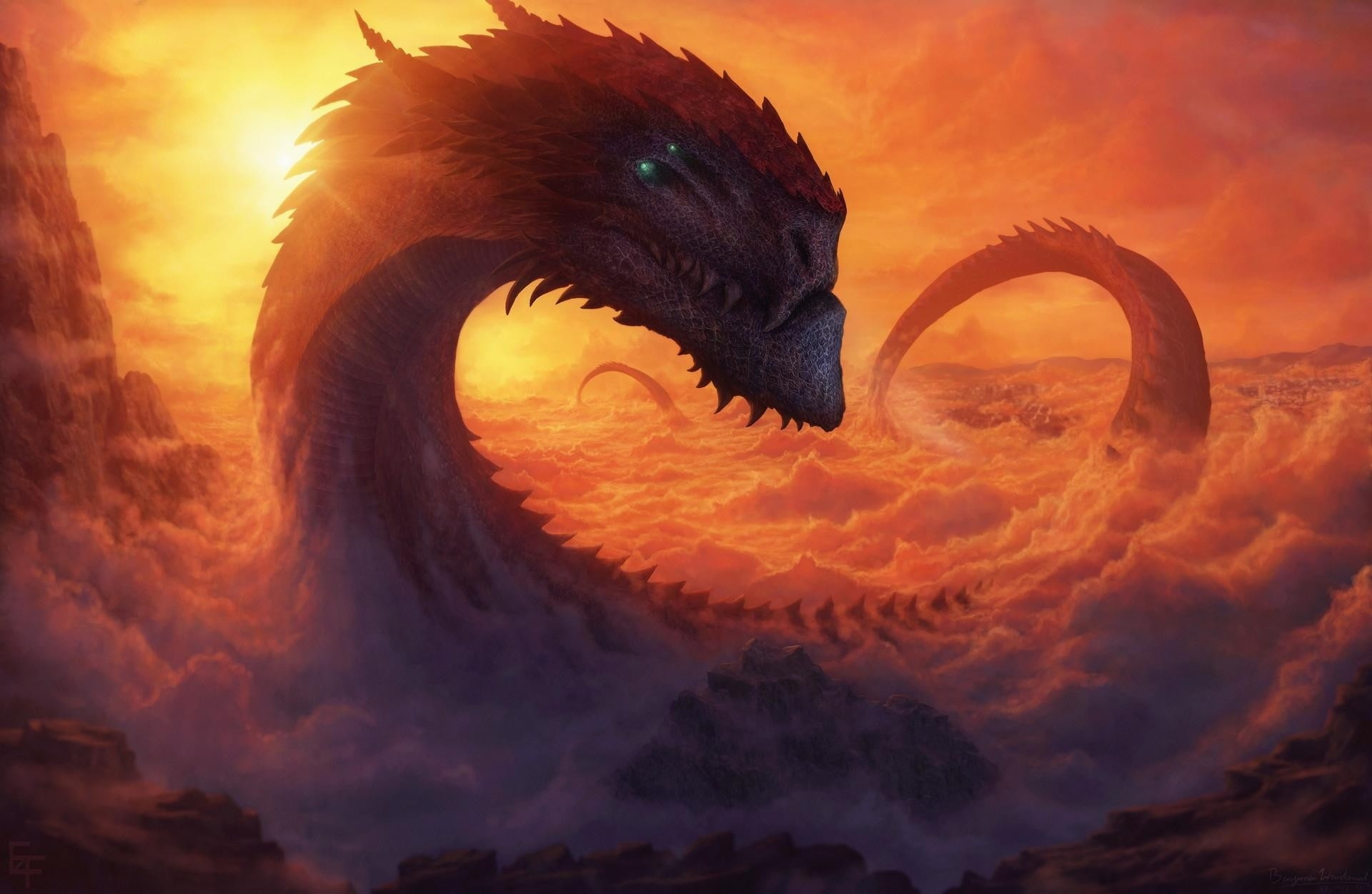 no people, animal wildlife, animal themes, bird, clouds, vertebrate, orange color, sunset, mammal, animal mouth, giant dragon, nature, cloud - sky, food, HD Wallpaper