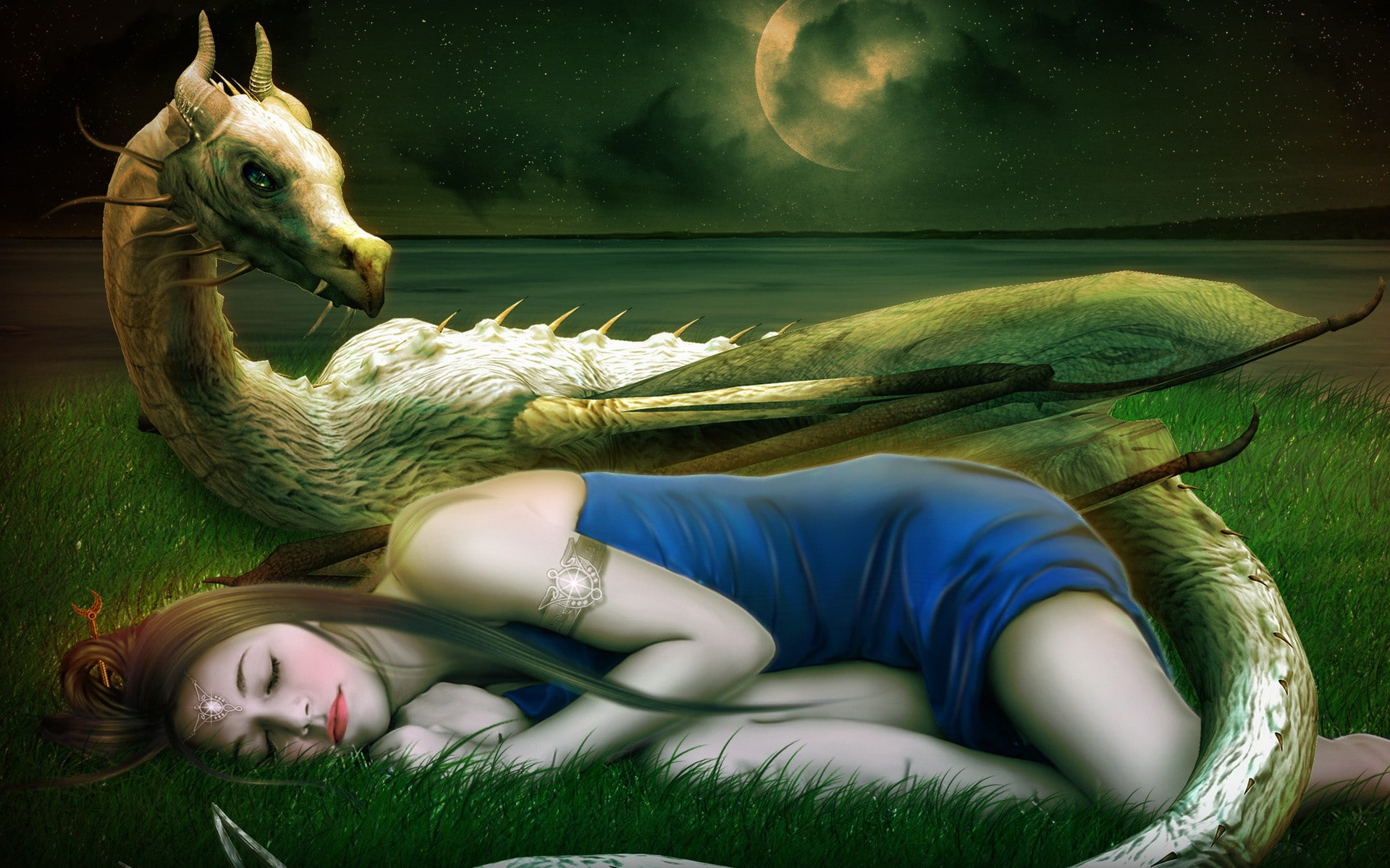 Moon, day, lifestyles, relaxation, sleeping, stars, women, fantasy art, green color, animal wildlife, fish, water, full length, vertebrate, young adult, HD Wallpaper