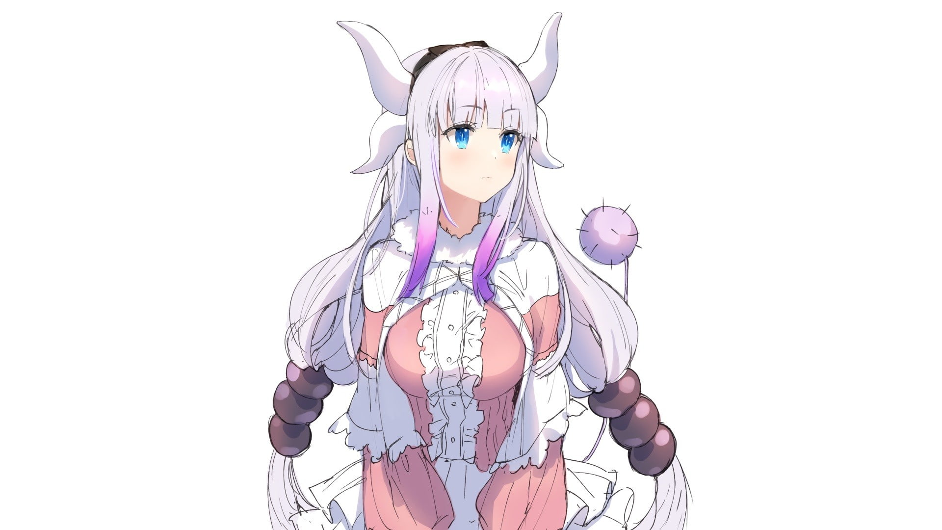 anthropomorphism, Kobayashi-san Chi no Maid Dragon, Kanna Kamui (Kobayashi-san Chi no Maid Dragon), horns, tail, white background, long hair, 1080P, sketches, HD Wallpaper