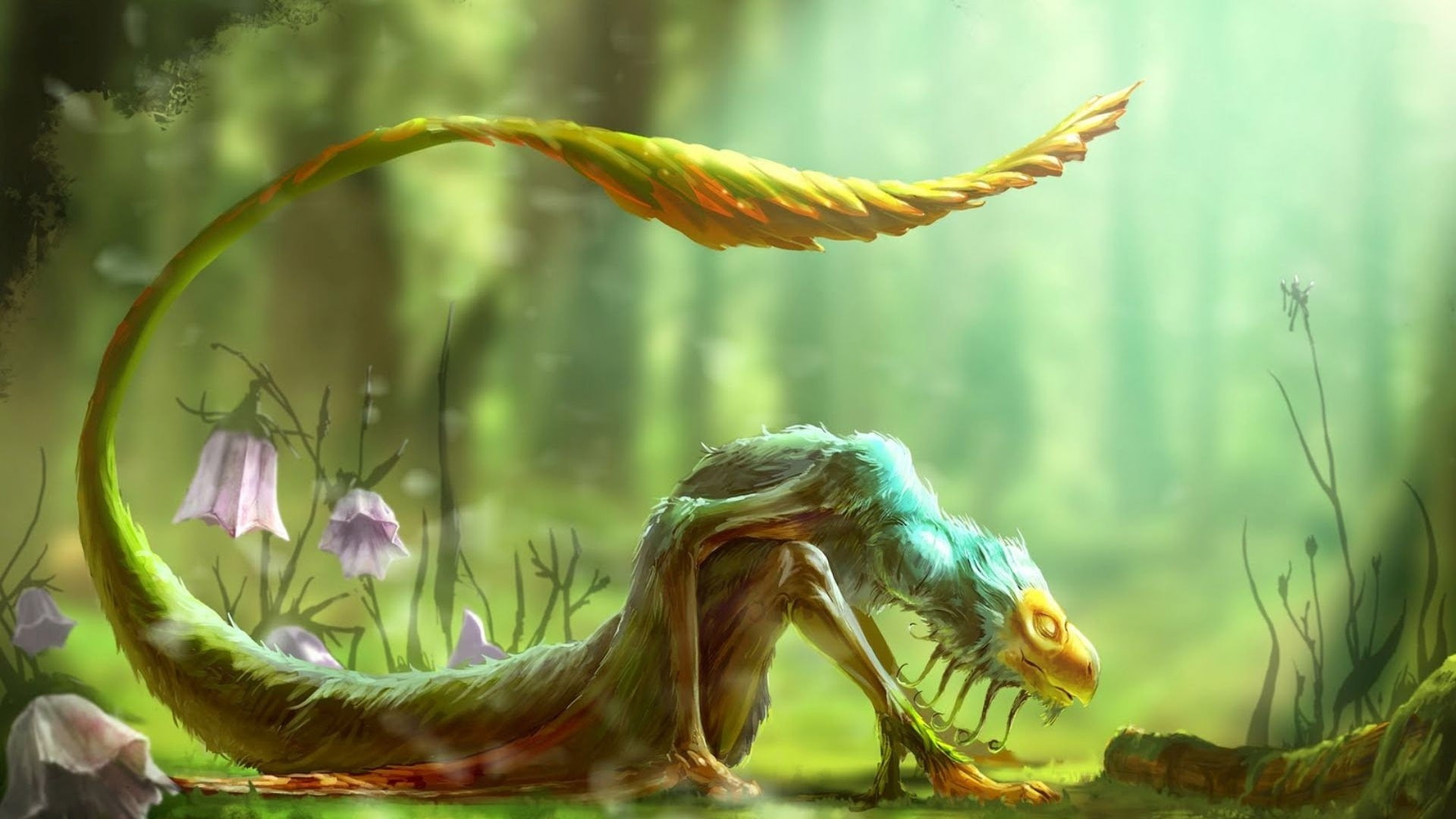 flowers, plants, fantasy art, 1080P, dragon, tail, creature, digital art, depth of field, nature, HD Wallpaper