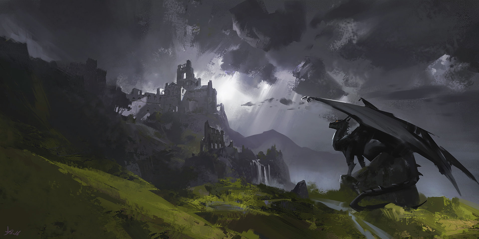 Waterfall, Dragon, Sky, Fantasy, Tail, Cloud, Grass, Wings, Castle, 1080P, HD Wallpaper
