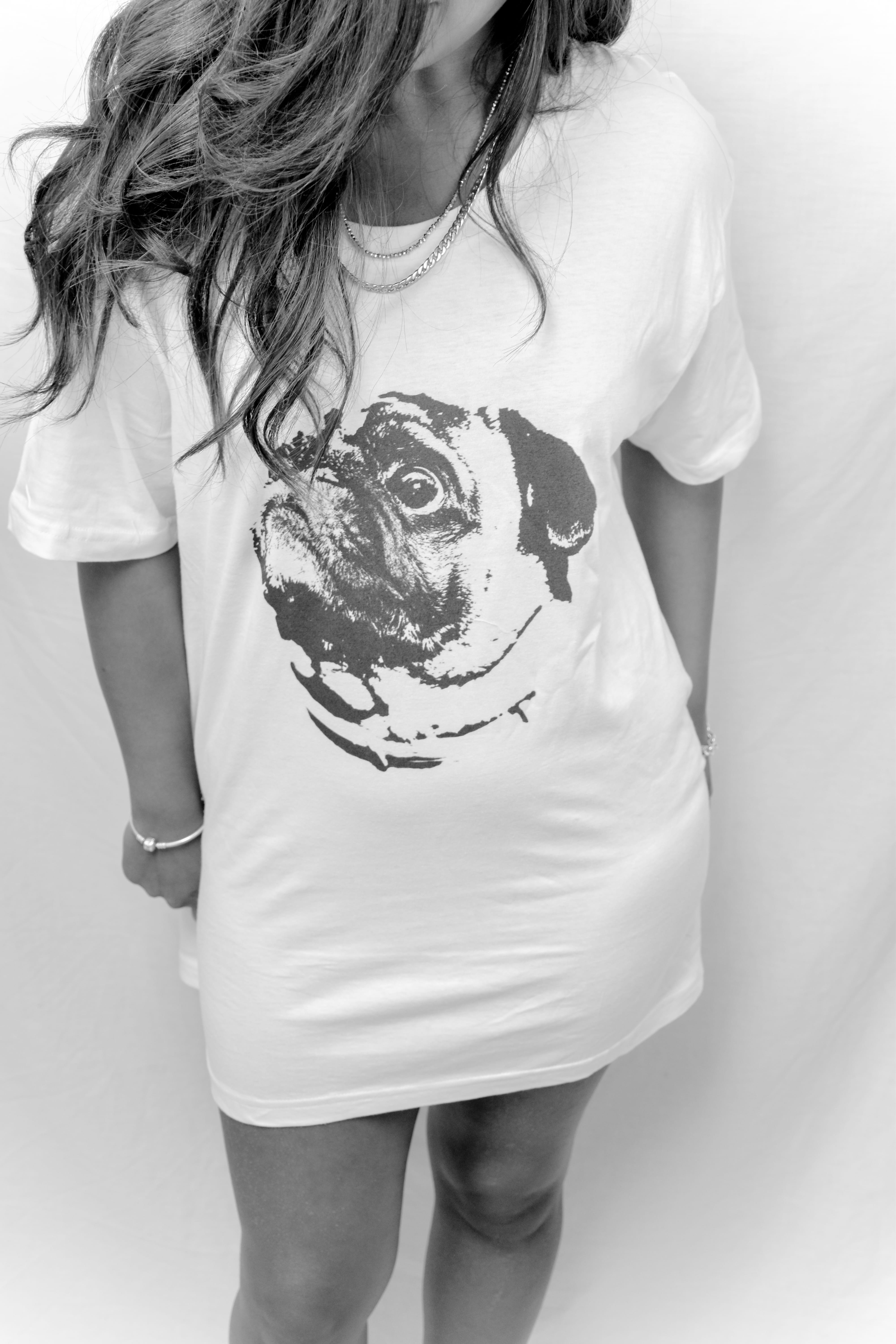 lifestyles, animels, pug, casual clothing, females, indoors, real people, holding, front view, human body part, pet, standing, tshirt, one person, long hair, Phone HD Wallpaper
