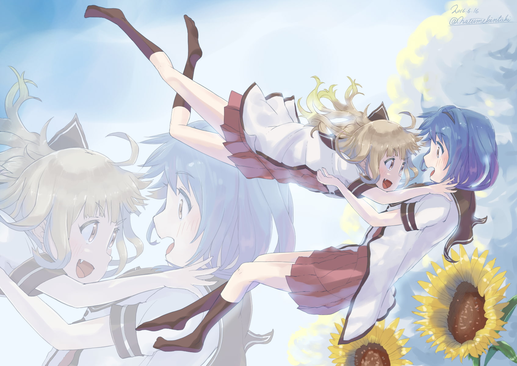 indoors, oomuro sakurako, yuriyuri, digital composite, school uniform, art and craft, sunlight, sky, flowering plant, flower, beauty in nature, day, Anime, HD Wallpaper