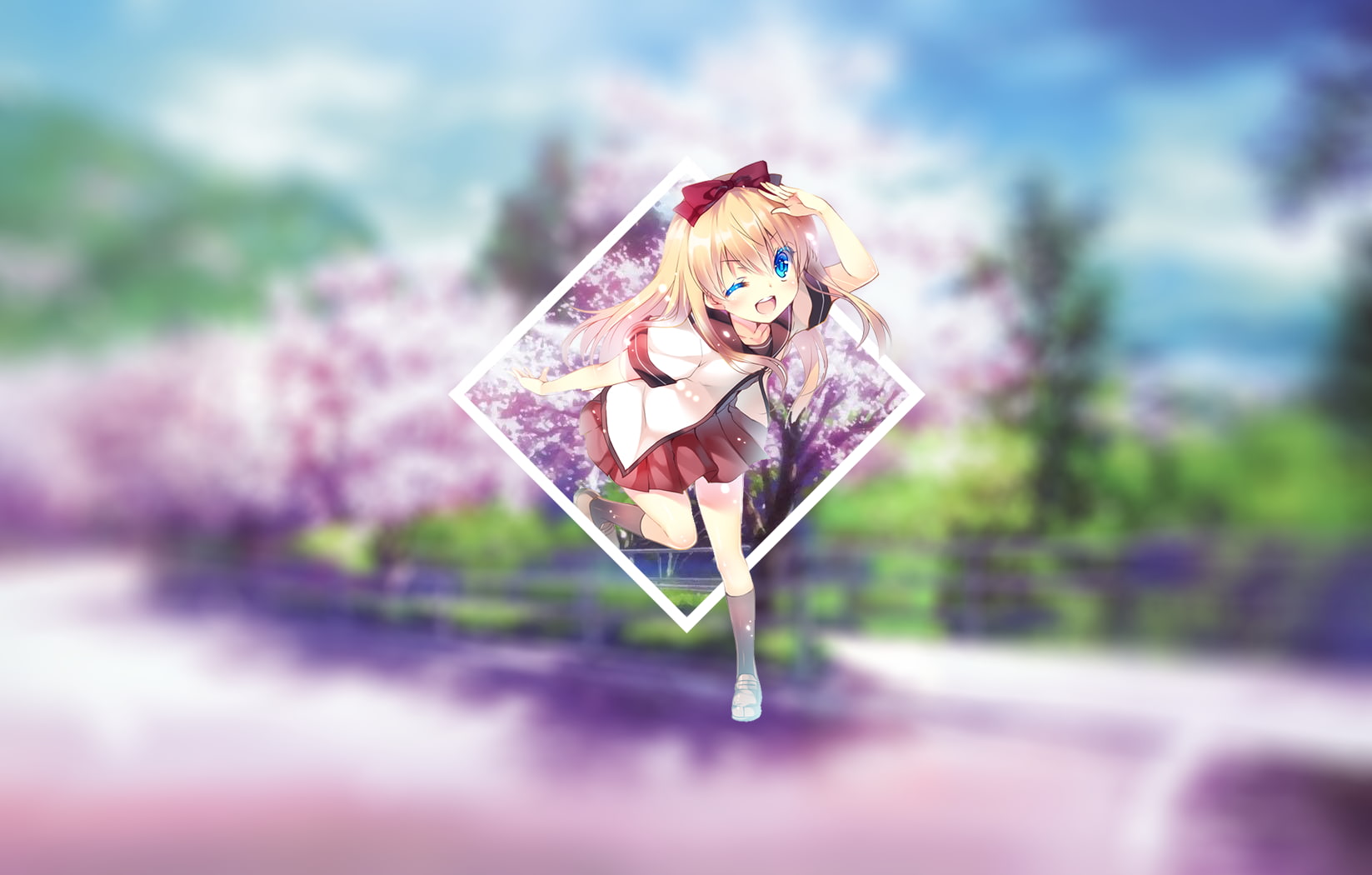 blue eyes, school uniform, Kyoko Toshino, anime girls, white skin, Yuru Yuri, blonde, 720P, picture-in-picture, anime, blurred, HD Wallpaper