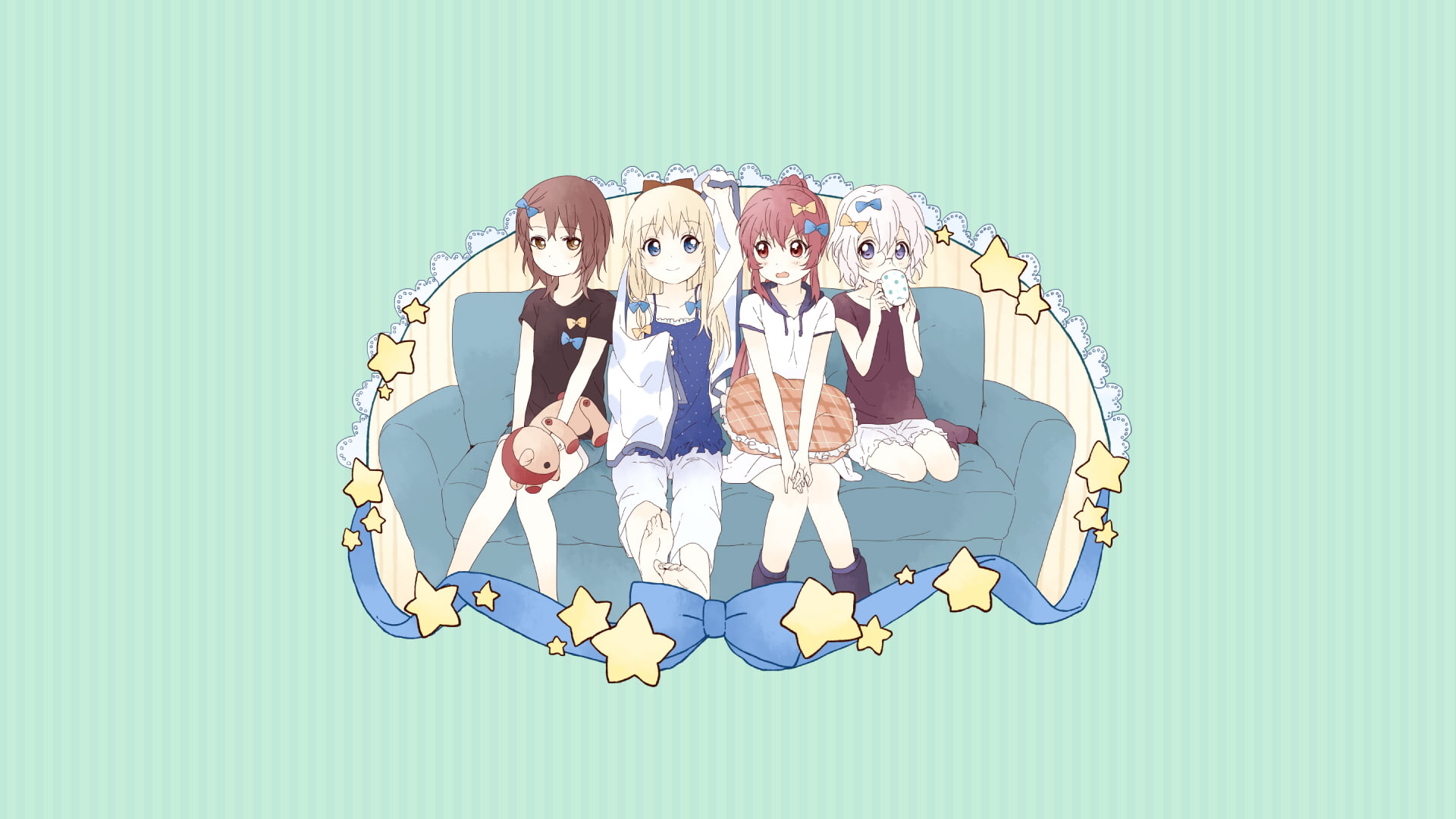 Yuru Yuri, barefoot, business, copy space, females, teamwork, women, group of people, blue background, indoors, adult, blue, coworker, digital composite, HD Wallpaper