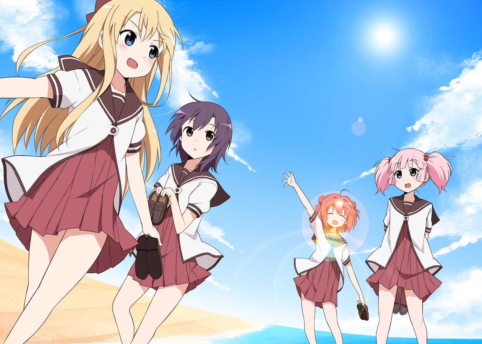 sky, Yoshikawa Chinatsu, Toshinou Kyouko, colorful, white skin, anime, sunlight, anime girls, Akaza Akari, fan art, Kyoko Toshino, Funami Yui, Yuru Yuri, HD Wallpaper