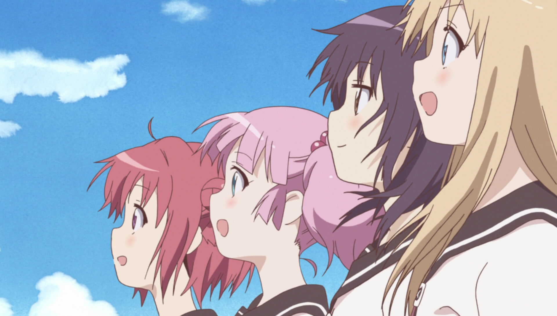 1080P, Kyoko Toshino, animals in the wild, tree, no people, art and craft, blue, sky, cloud - sky, Yoshikawa Chinatsu, nature, day, Yuru Yuri, mural, flying, HD Wallpaper