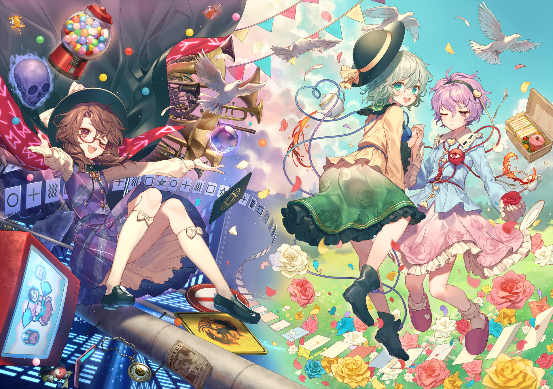 Satori Komeiji, 1080P, Koishi Komeiji, Hata no Kokoro, Sumireko Usami, Touhou, Anime, HD Wallpaper