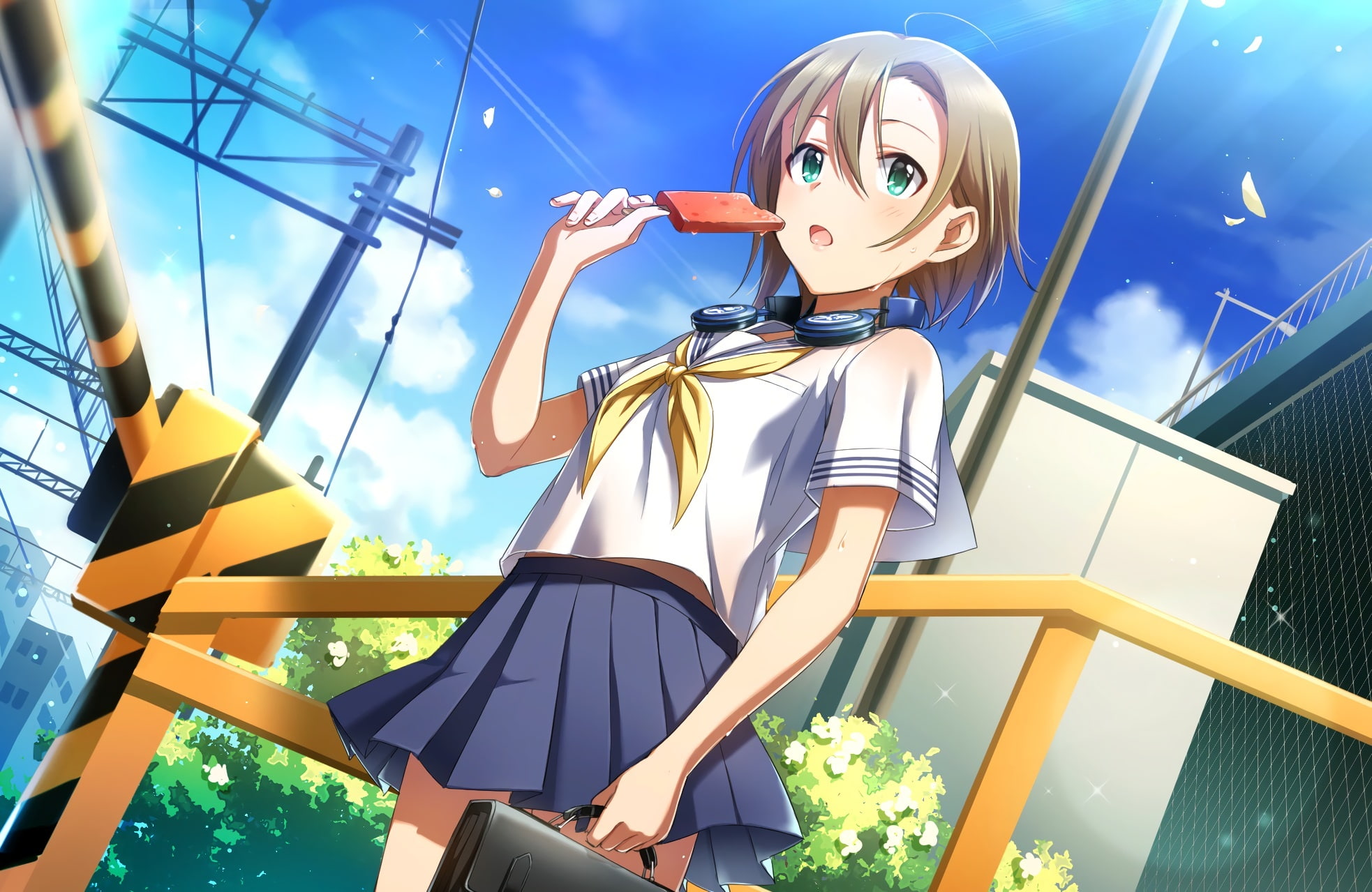 tada, ice, konachan, zattape, com, sky, headphones, short, seifuku, cream, eyes, blush, 1080P, skirt, brown, petals, 244586, green, riina, idolmaster, HD Wallpaper