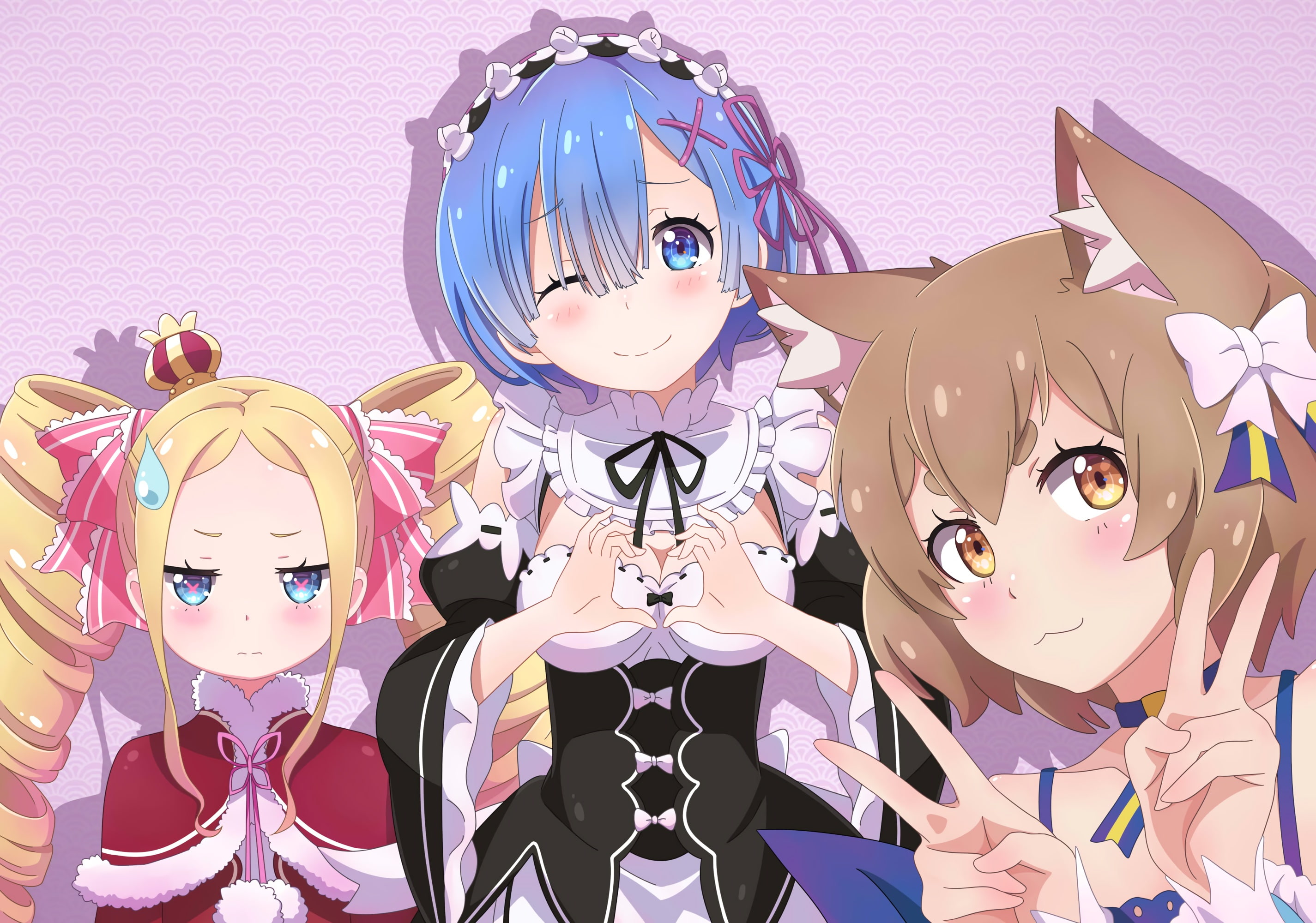 Re:Zero Kara Hajimeru Isekai Seikatsu, 2K, blonde, hair bows, Argail Felix, men, ribbon, animal ears, anime girls, headdress, maid, blue hair, brunette, HD Wallpaper