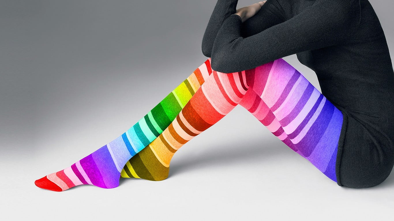 sitting, indoors, multi colored, human foot, striped, gray background, shirt, women, studio shot, rainbows, purple, legs, leggings, side view, lifestyles, HD Wallpaper