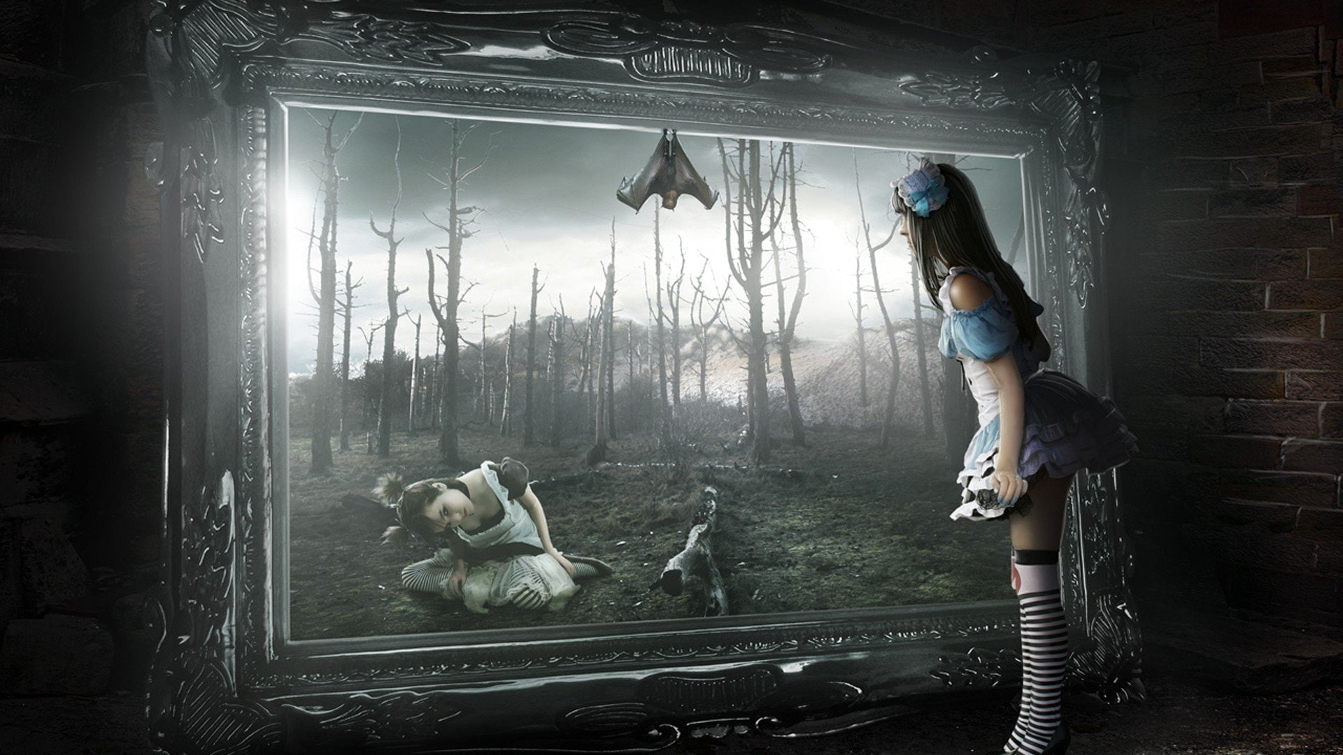 women, artwork, socks, striped, 1080P, alice, wonderland, fantasy, overknee, art, legwear, HD Wallpaper