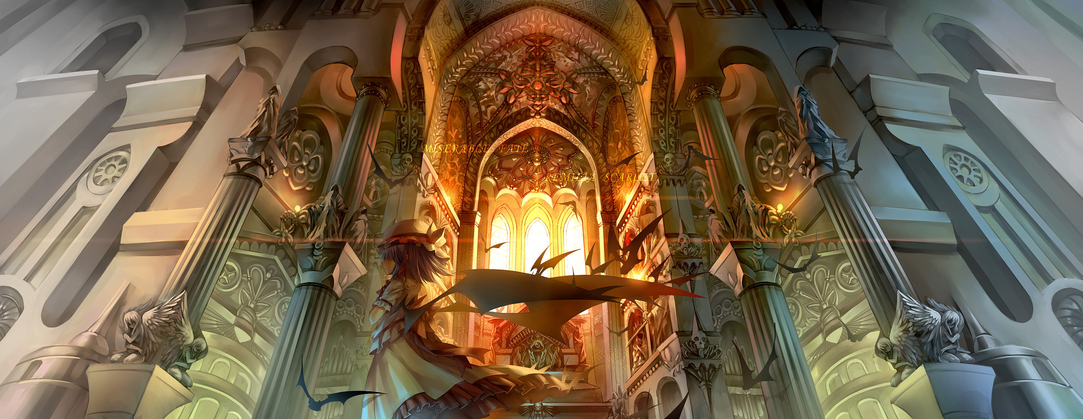 purple, red, remilia, dragon, dress, madcocoon, scarlet, short, dualscreen, touhou, 2K, building, hat, concrete, digital, hair, wings, white, HD Wallpaper