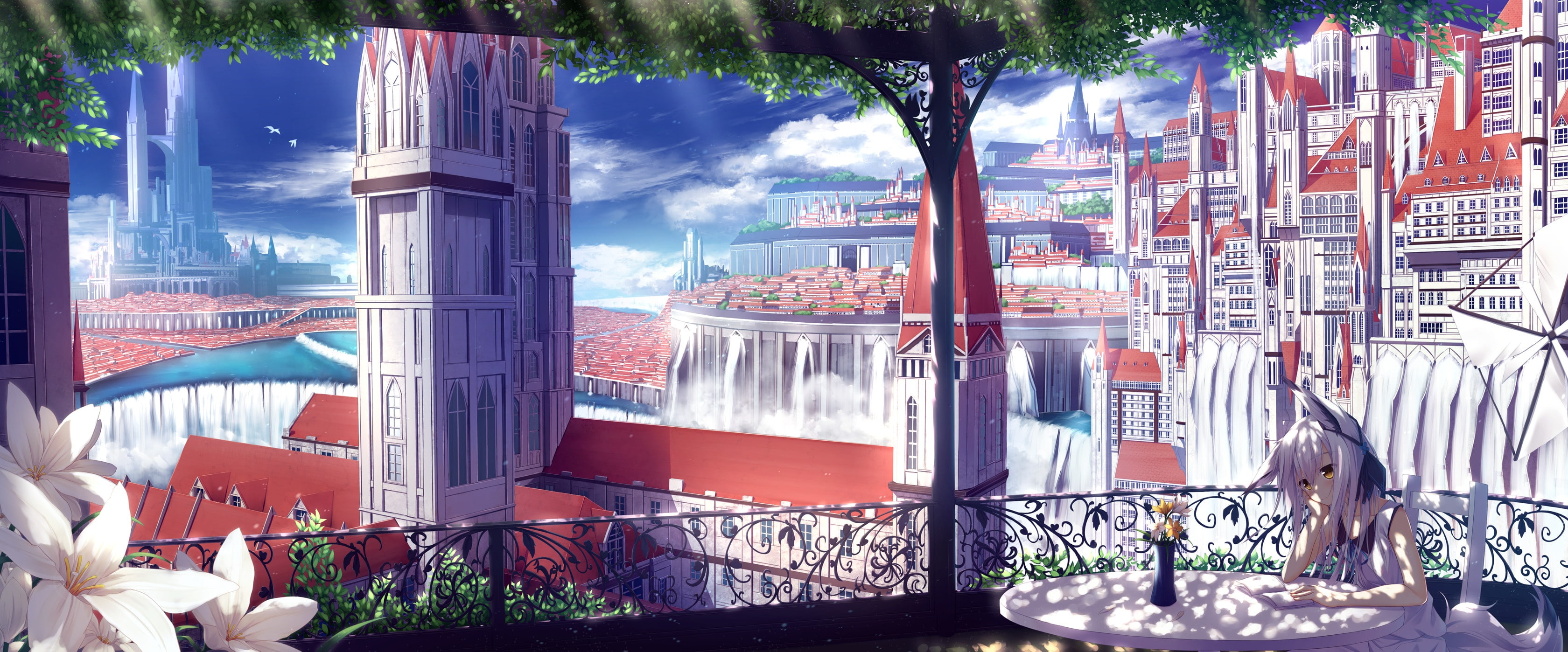 white, tree, city, scenic, book, foxgirl, com, waterfall, ozshia, clouds, 248904, dualscreen, hair, (shia-ushio), yellow, original, building, konachan, HD Wallpaper