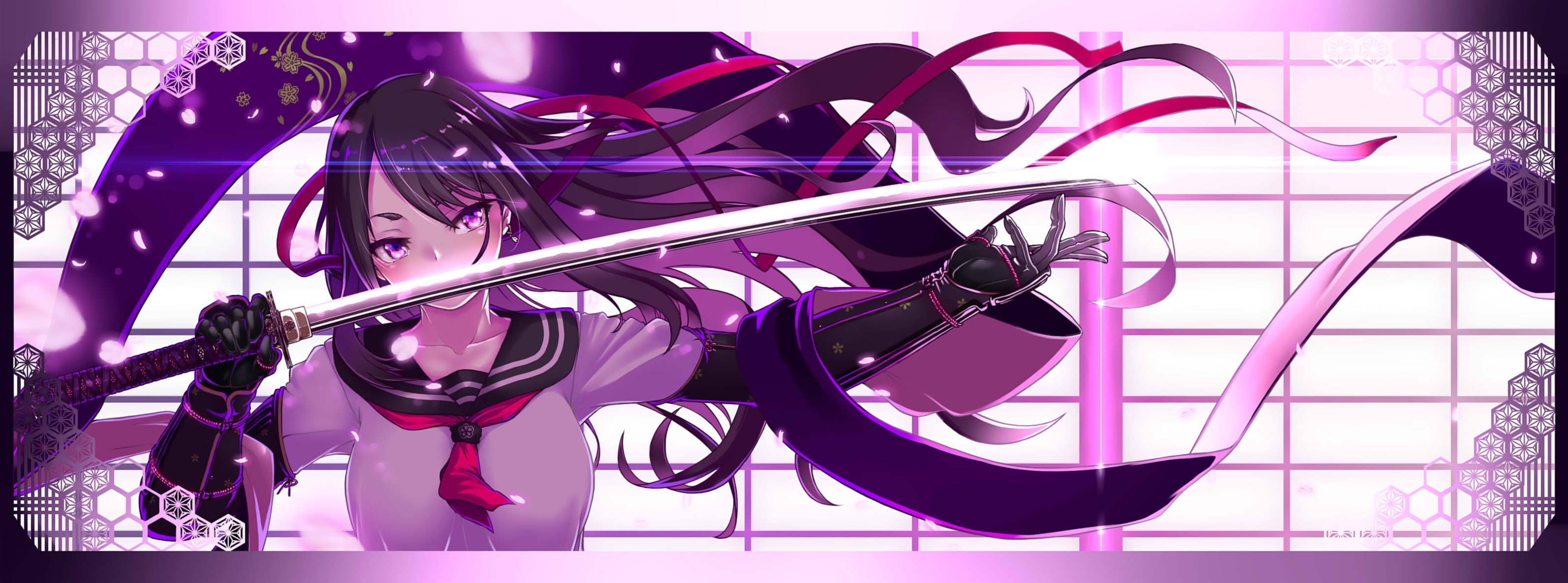 petals, sword, long, haiiro, ribbons, gundan, konachan, eyes, weapon, com, original, katana, seifuku, black, 2K, dualscreen, purple, hair, 237783, HD Wallpaper