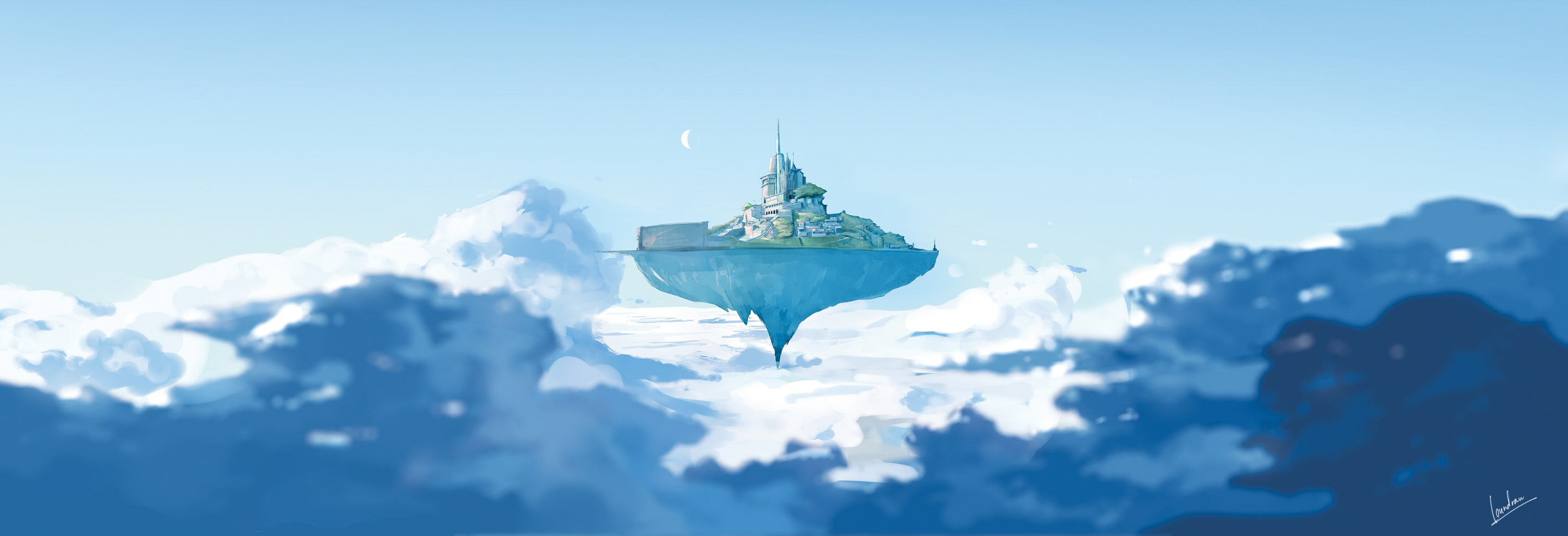 2K, dualscreen, loundraw, moon, sky, original, clouds, signed, scenic, HD Wallpaper