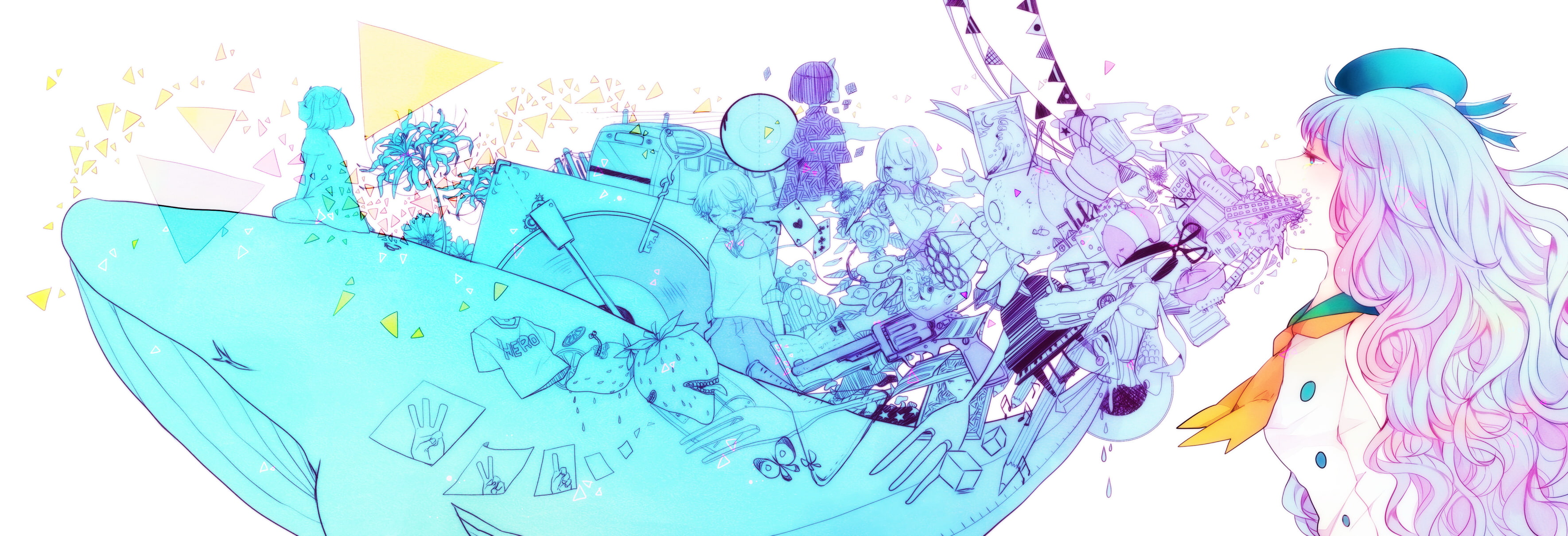 blue, long, 2K, seifuku, strawberry, hat, horns, flowers, pekikokko, piano, short, hair, original, dualscreen, HD Wallpaper